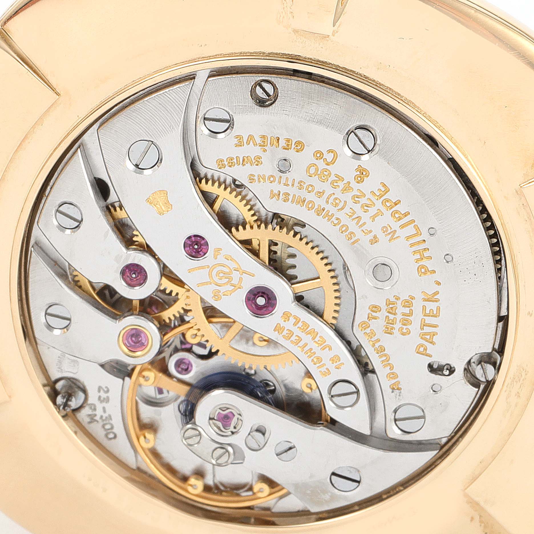This image shows the detailed internal mechanical movement of a Patek Philippe Golden Ellipse 3644 Men's Yellow Gold Champagne Dial 3644 Men's Yellow Gold Champagne Dial watch viewed from the back case.