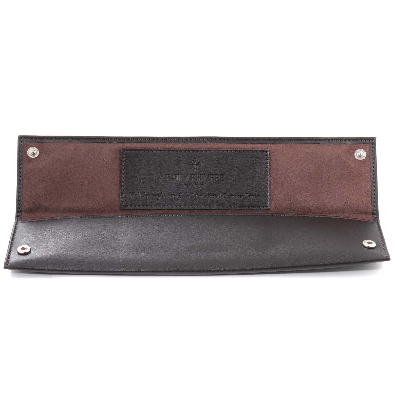 The image shows an open watch case for the Patek Philippe Golden Ellipse 3644 Men's Yellow Gold Champagne Dial 3644 Men's Yellow Gold Champagne Dial model, displaying its inner compartments and snap closures.