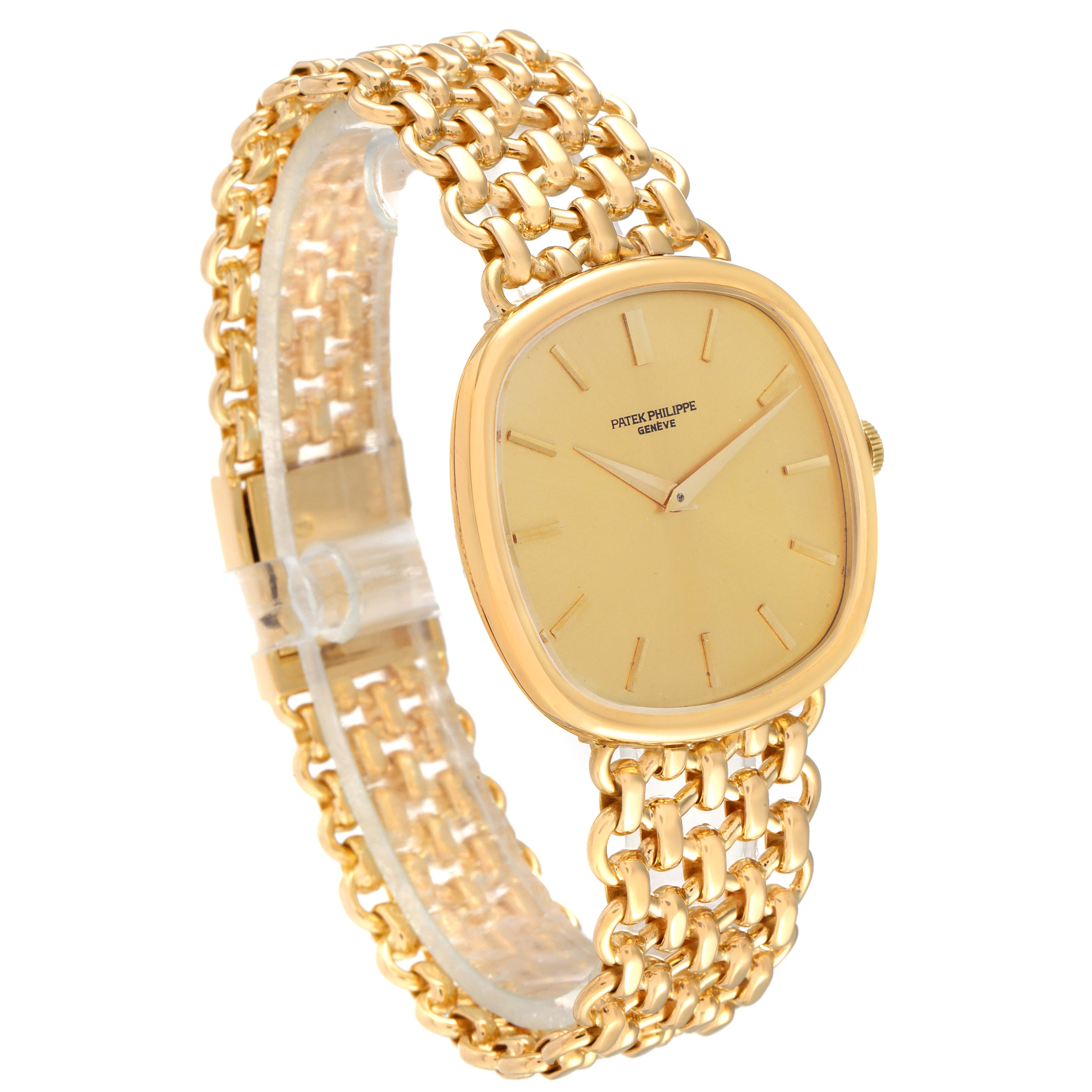 The image shows a Patek Philippe Golden Ellipse 3644 Men's Yellow Gold Champagne Dial 3644 Men's Yellow Gold Champagne Dial model watch taken from a front angle, displaying its gold case and bracelet.