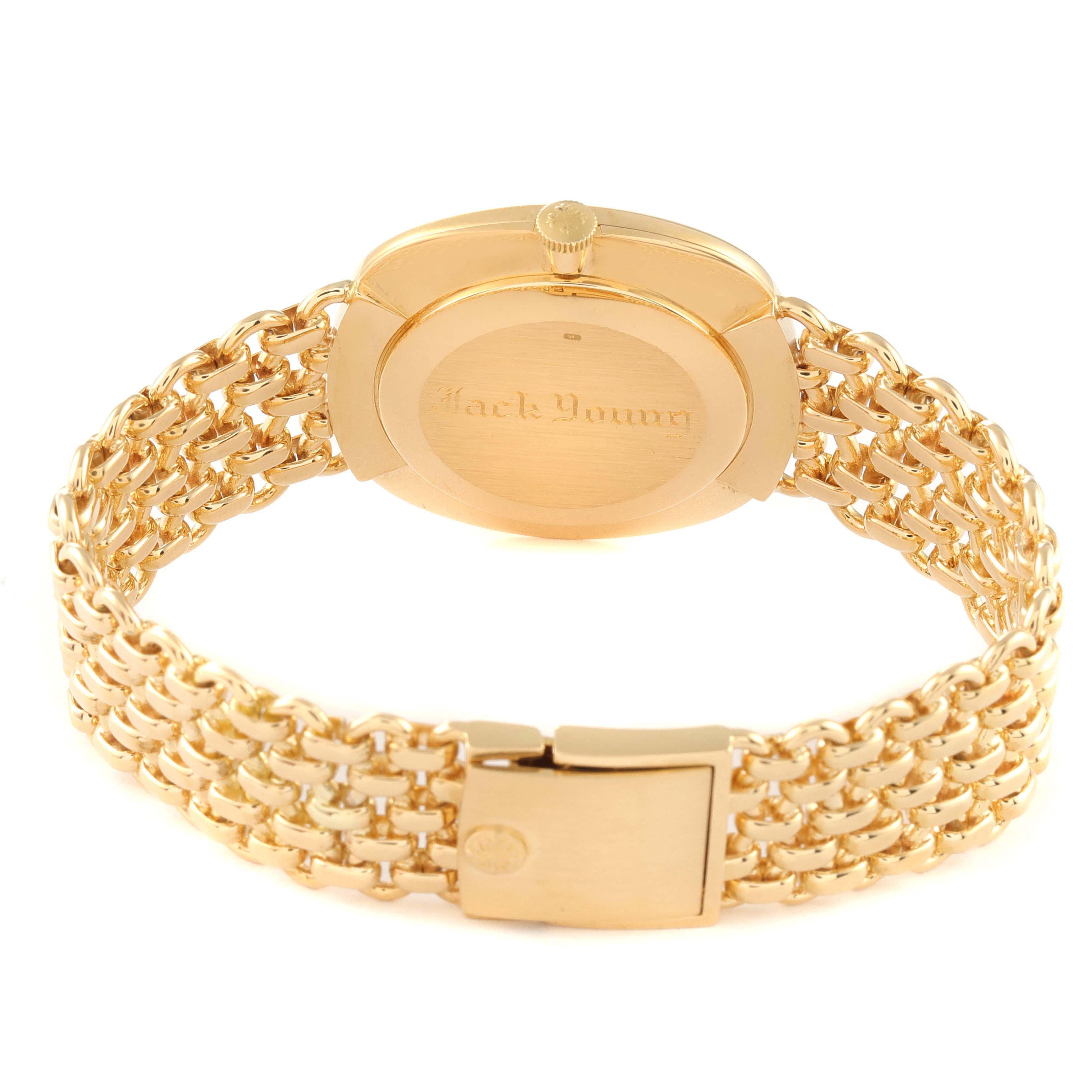 The image shows the back and bracelet of a Patek Philippe Golden Ellipse 3644 Men's Yellow Gold Champagne Dial 3644 Men's Yellow Gold Champagne Dial watch from a rear angle.