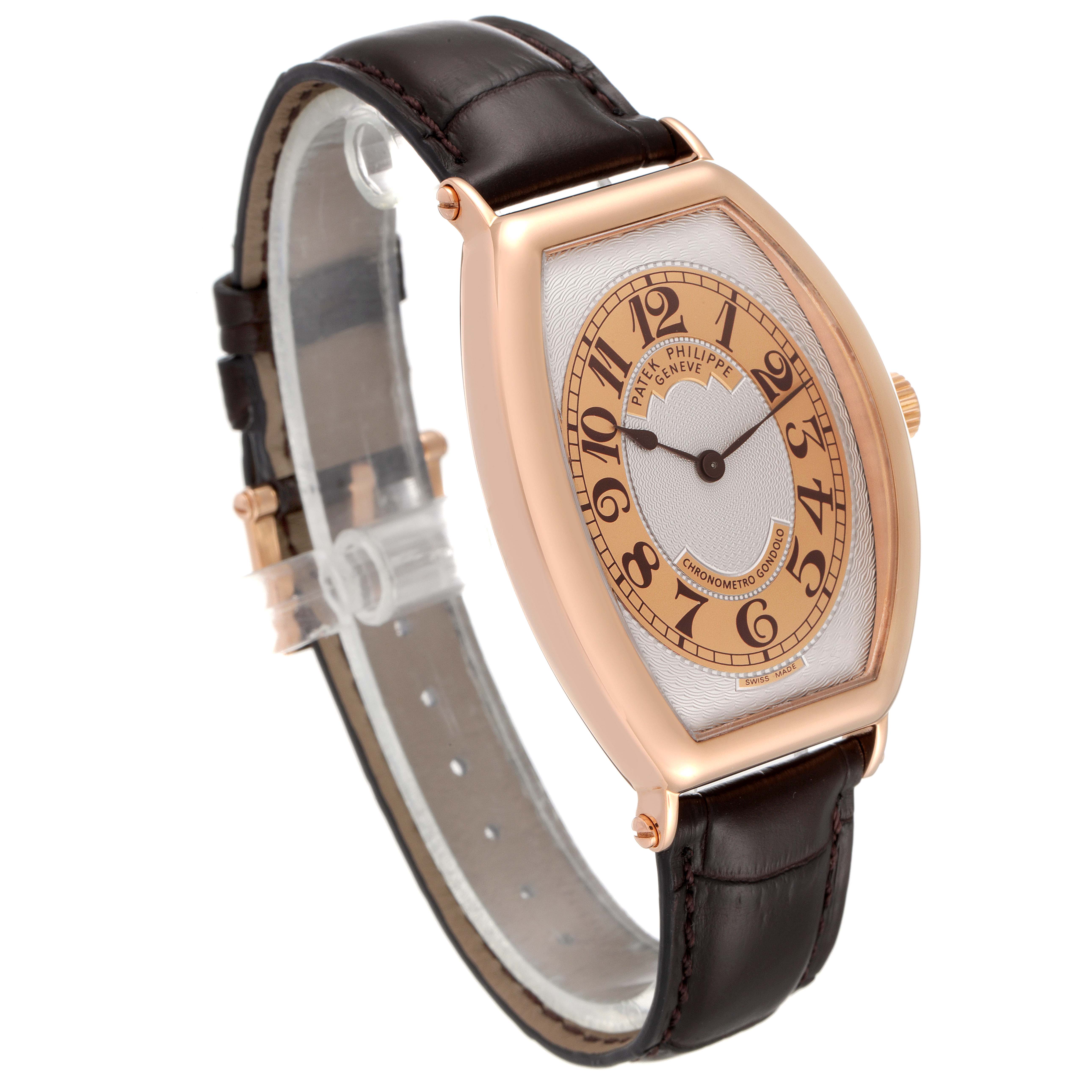 The image shows a Patek Philippe Gondolo 5098R Men's Rose Gold Silver Dial 5098R Men's Rose Gold Silver Dial watch at a three-quarter angle, displaying its face, strap, and side profile.
