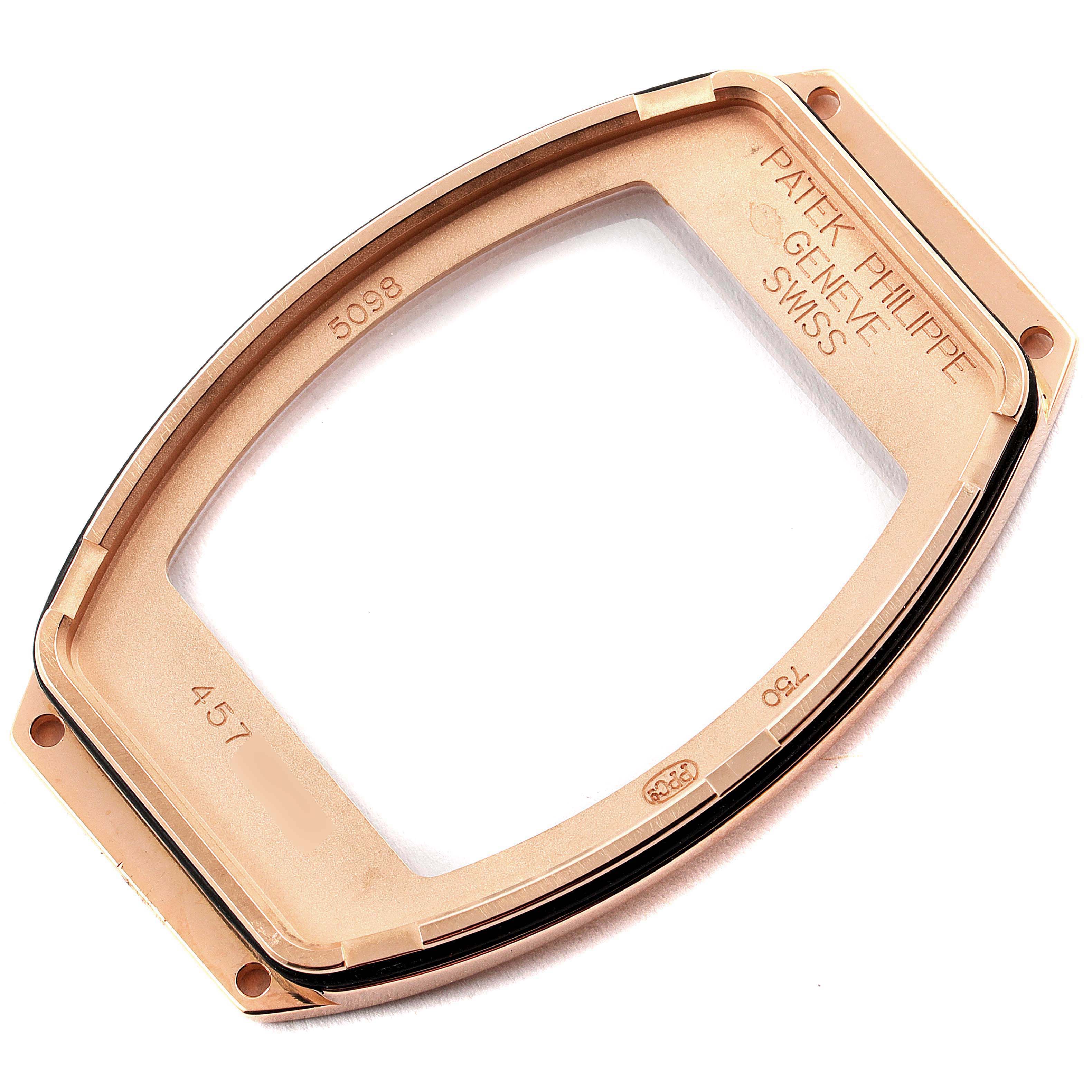 This image shows the watch case back of a Patek Philippe Gondolo 5098R Men's Rose Gold Silver Dial 5098R Men's Rose Gold Silver Dial model, viewed from an angled perspective.