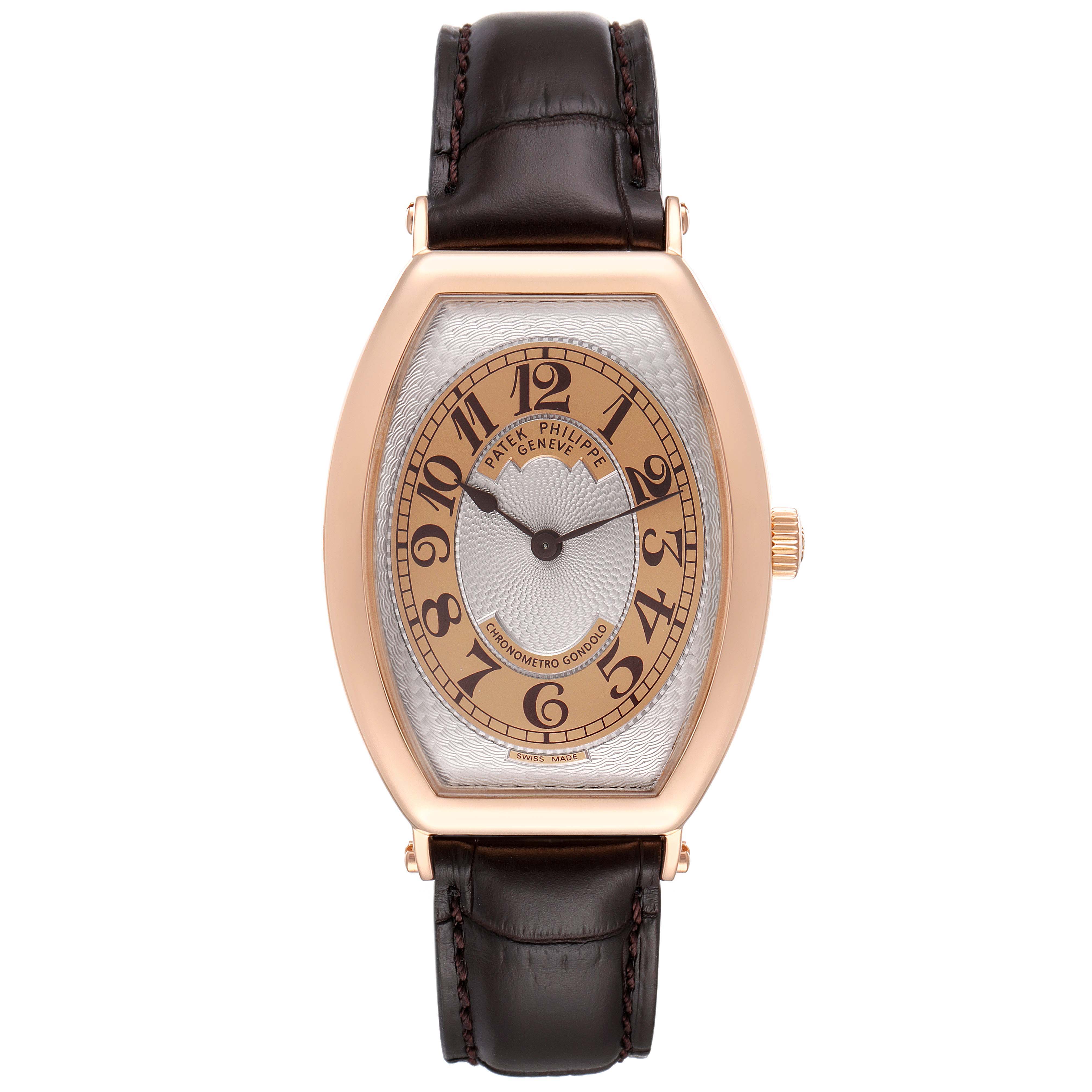 The image shows a front view of the Patek Philippe Gondolo 5098R Men's Rose Gold Silver Dial 5098R Men's Rose Gold Silver Dial watch with a gold case, leather strap, and numerals on the dial.