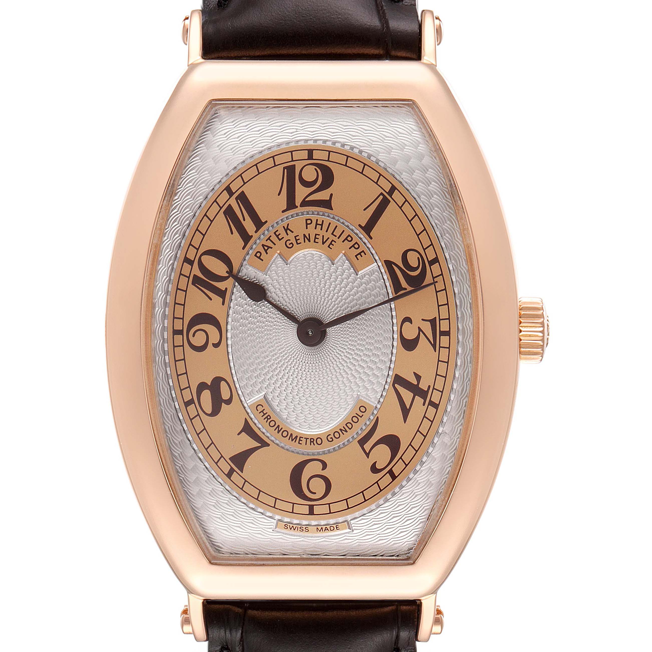 The image shows a front view of a Patek Philippe Gondolo 5098R Men's Rose Gold Silver Dial 5098R Men's Rose Gold Silver Dial watch, highlighting its oval dial, Arabic numerals, and leather strap.