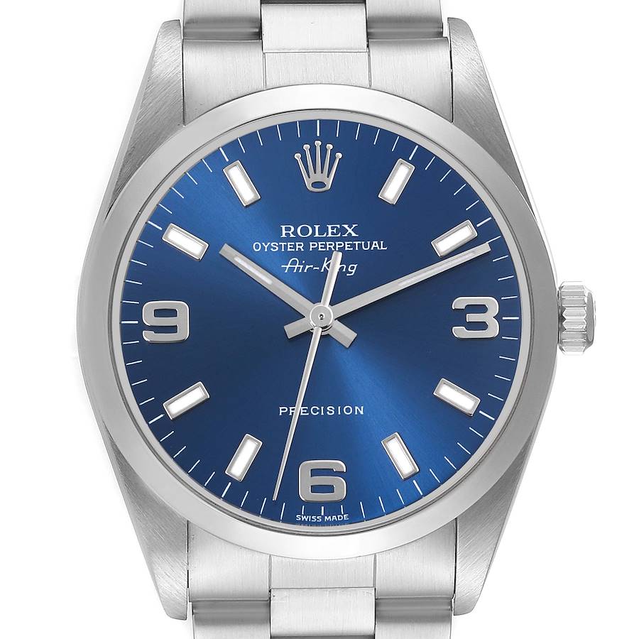 The Rolex Air-King watch is shown from a front angle, displaying its blue dial and silver bracelet.