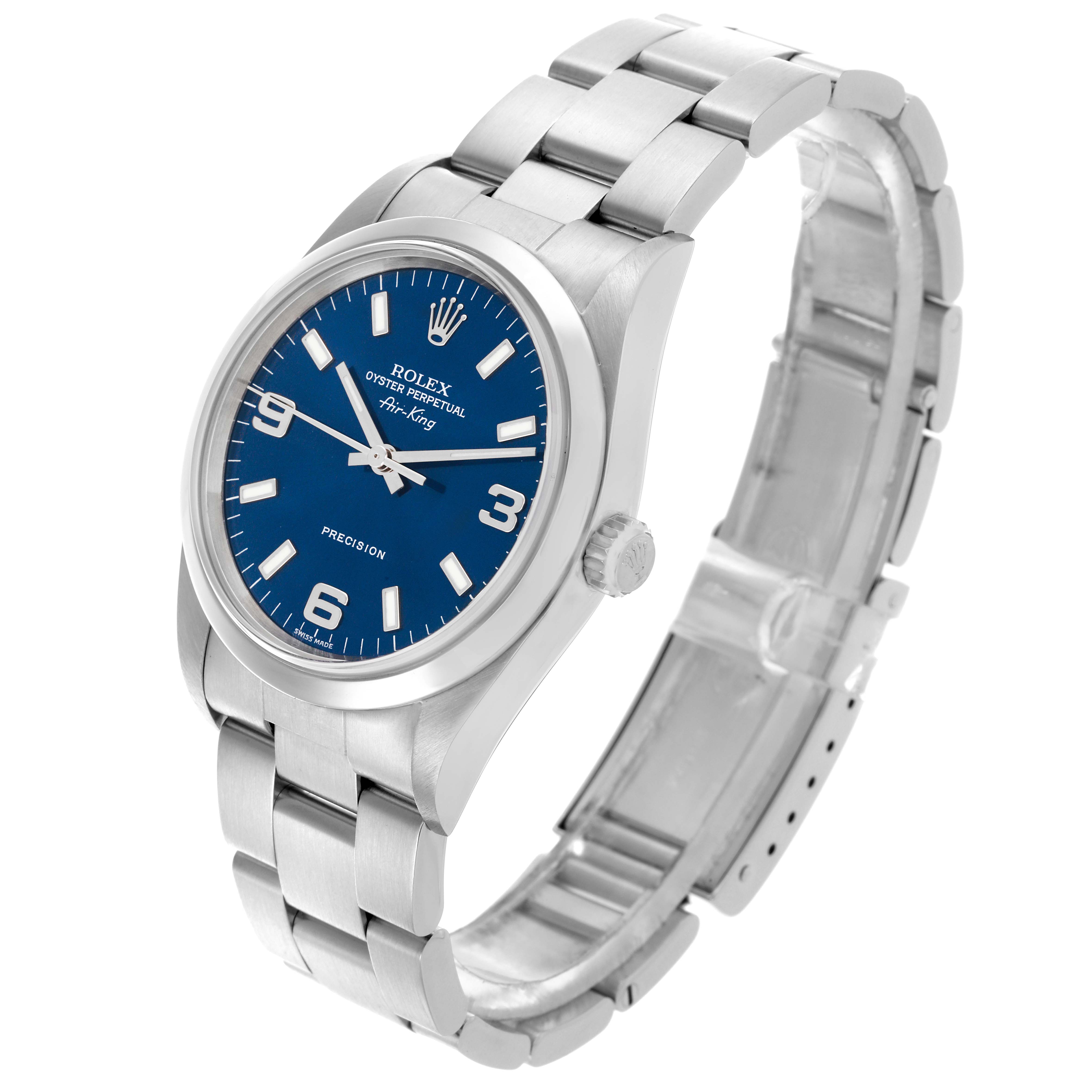 The Rolex Air-King 14000M Men's Stainless Steel Blue Dial 14000M Men's Stainless Steel Blue Dial watch is shown at a three-quarter angle, highlighting the face, dial, crown, and bracelet.