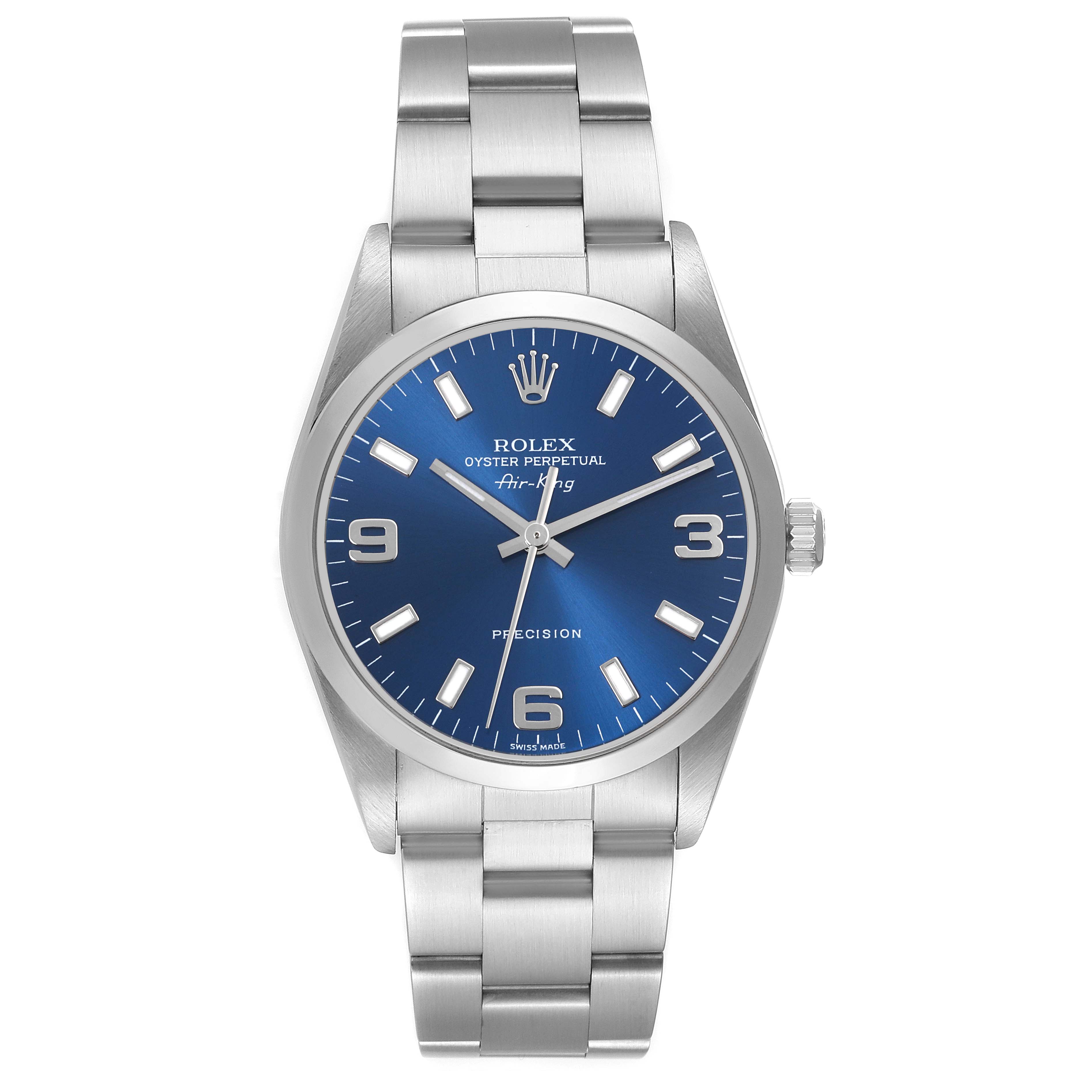 The Rolex Air-King 14000M Men's Stainless Steel Blue Dial 14000M Men's Stainless Steel Blue Dial watch is shown from a front angle, displaying the face, bezel, crown, and bracelet.