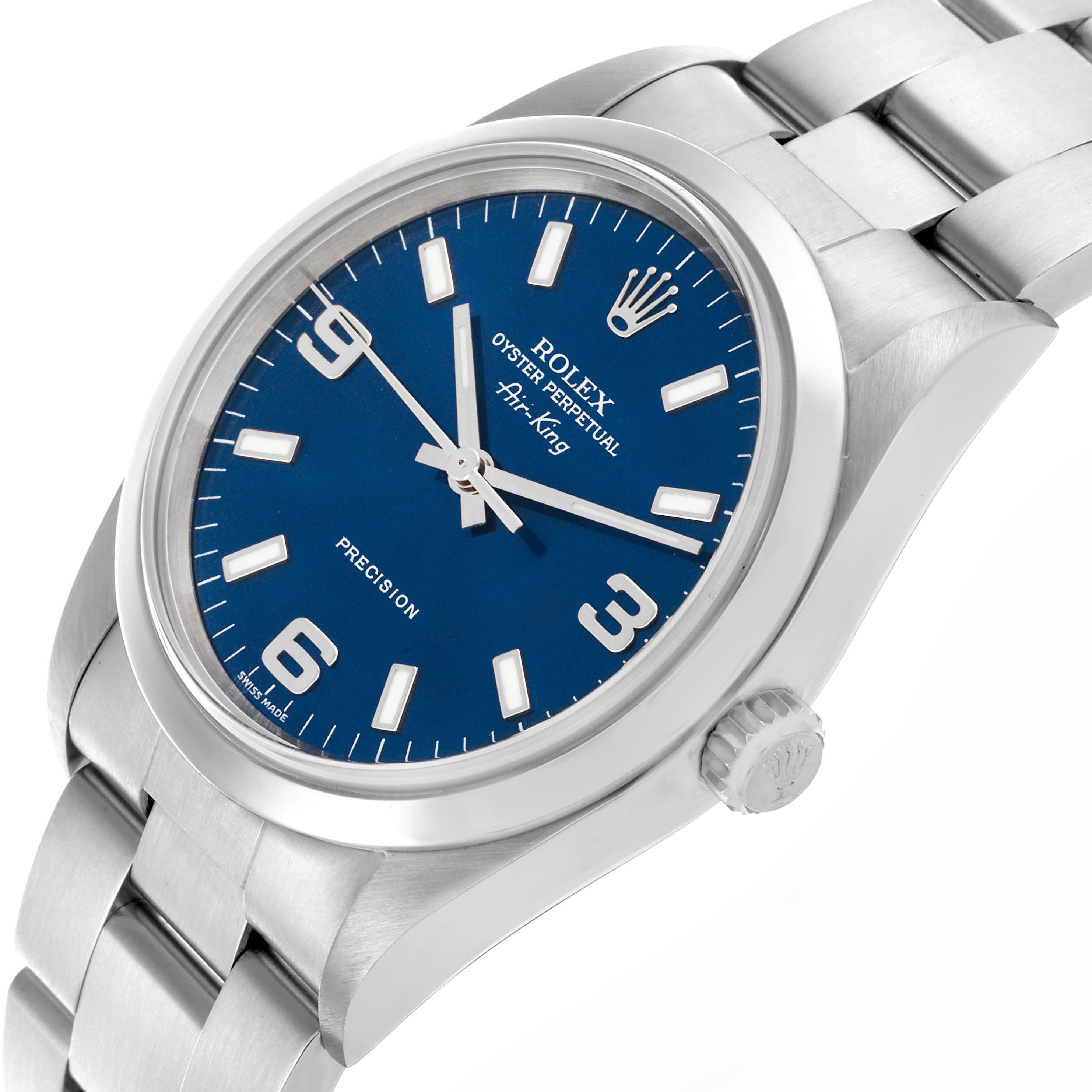 The Rolex Air-King 14000M Men's Stainless Steel Blue Dial 14000M Men's Stainless Steel Blue Dial watch is shown at a slight angle, highlighting the blue dial, crown, and stainless steel bracelet.