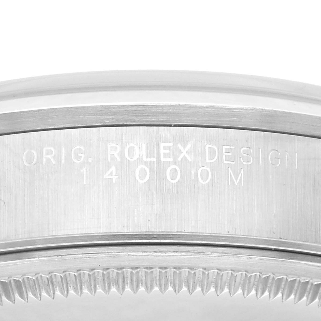 The image shows a close-up of the side casing and bezel engraving of the Rolex Air-King 14000M Men's Stainless Steel Blue Dial 14000M Men's Stainless Steel Blue Dial watch model 14000M.