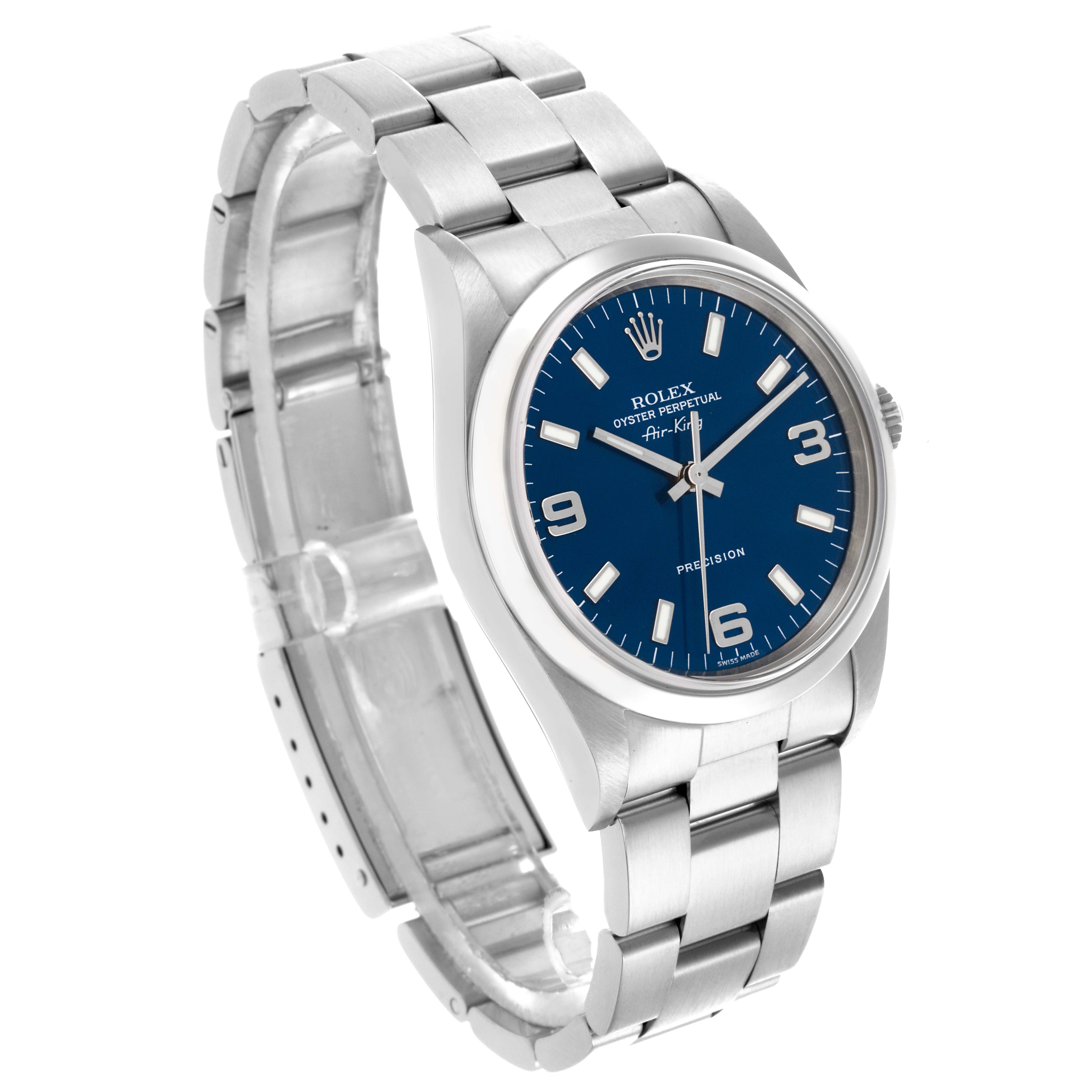 The Rolex Air-King 14000M Men's Stainless Steel Blue Dial 14000M Men's Stainless Steel Blue Dial watch is shown at a three-quarter angle, highlighting the blue dial, stainless steel case, and bracelet.