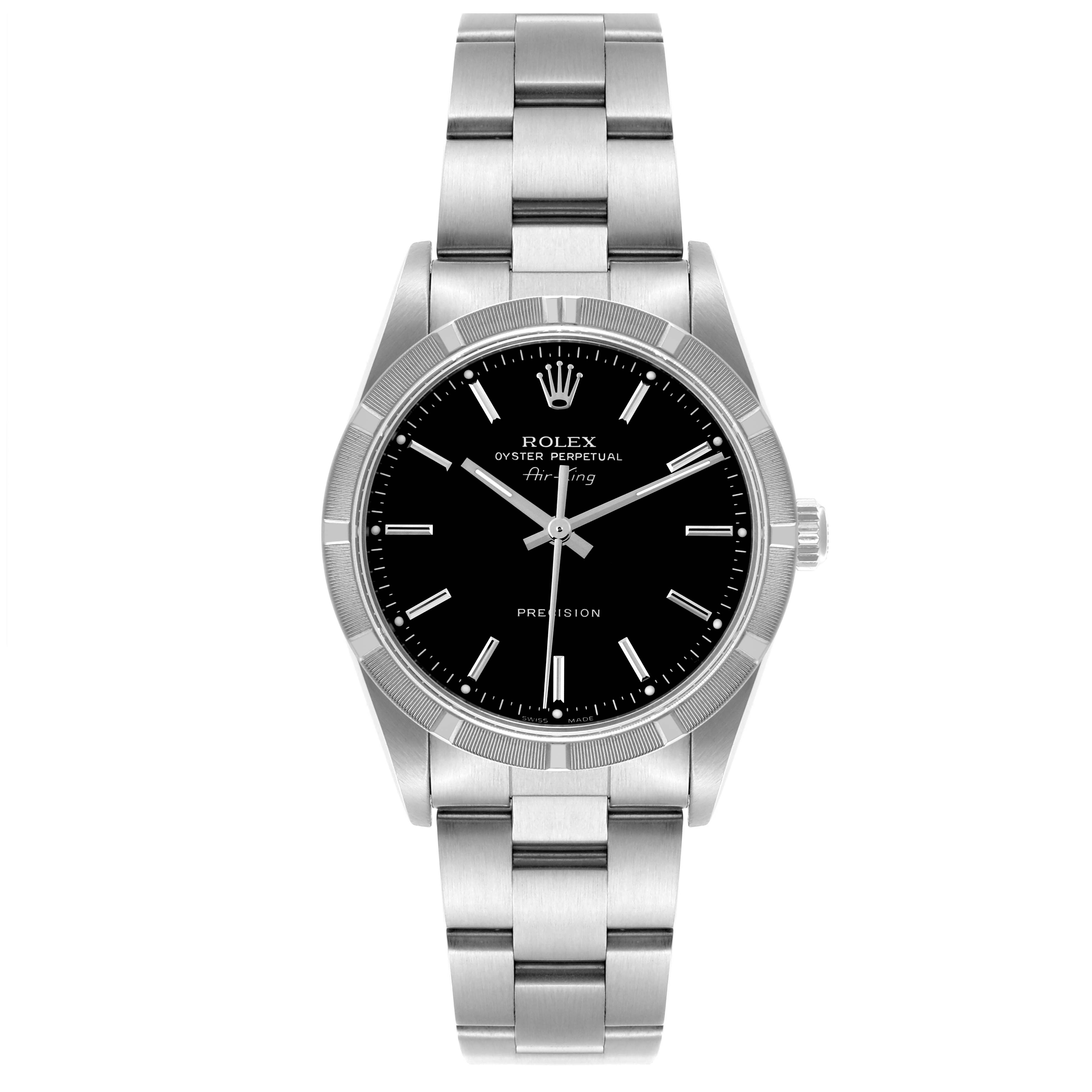 The Rolex Air-King 14010M Men's Stainless Steel Black Dial 14010M Men's Stainless Steel Black Dial watch is shown from a front angle, highlighting its dial, bezel, and bracelet.