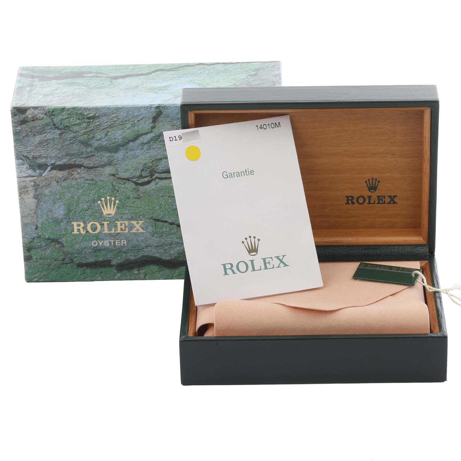 The image shows a Rolex Air-King 14010M Men's Stainless Steel Black Dial 14010M Men's Stainless Steel Black Dial box, warranty card, and protective cover, photographed from a front angle.