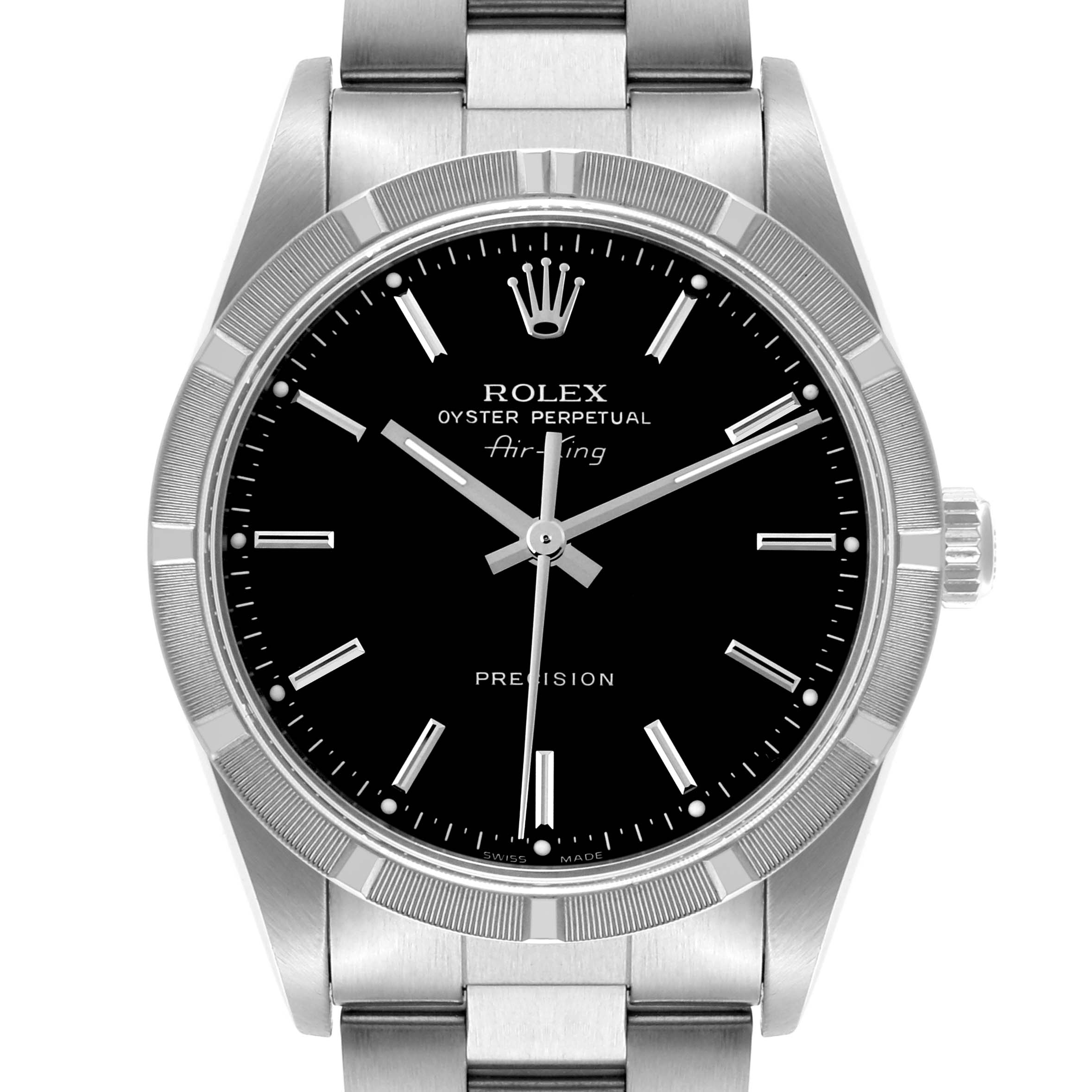 The Rolex Air-King 14010M Men's Stainless Steel Black Dial 14010M Men's Stainless Steel Black Dial watch is shown from a front view, displaying the dial, bezel, and part of the bracelet.