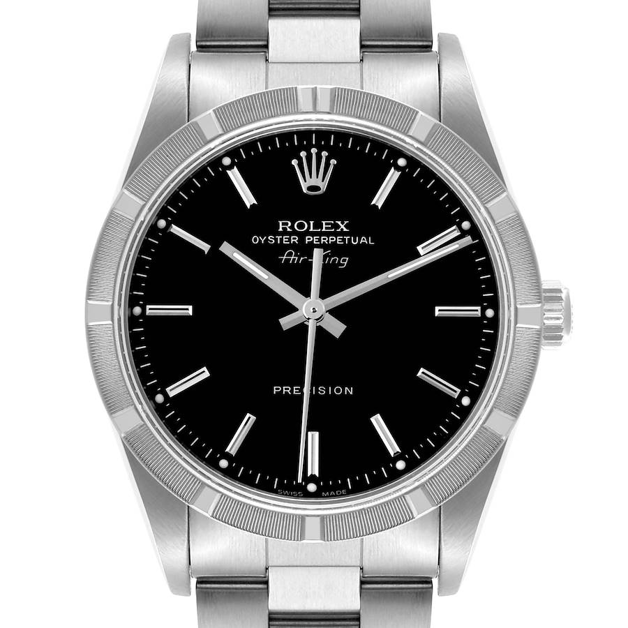 The Rolex Air-King watch is shown from a front view, displaying the dial, bezel, and part of the bracelet.