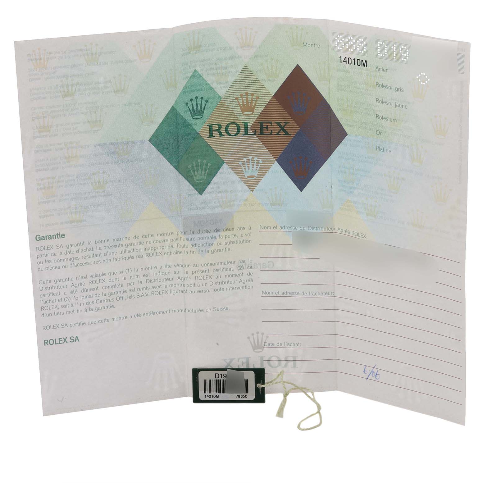 The image shows a Rolex Air-King 14010M Men's Stainless Steel Black Dial 14010M Men's Stainless Steel Black Dial warranty booklet with visible text and a green tag.