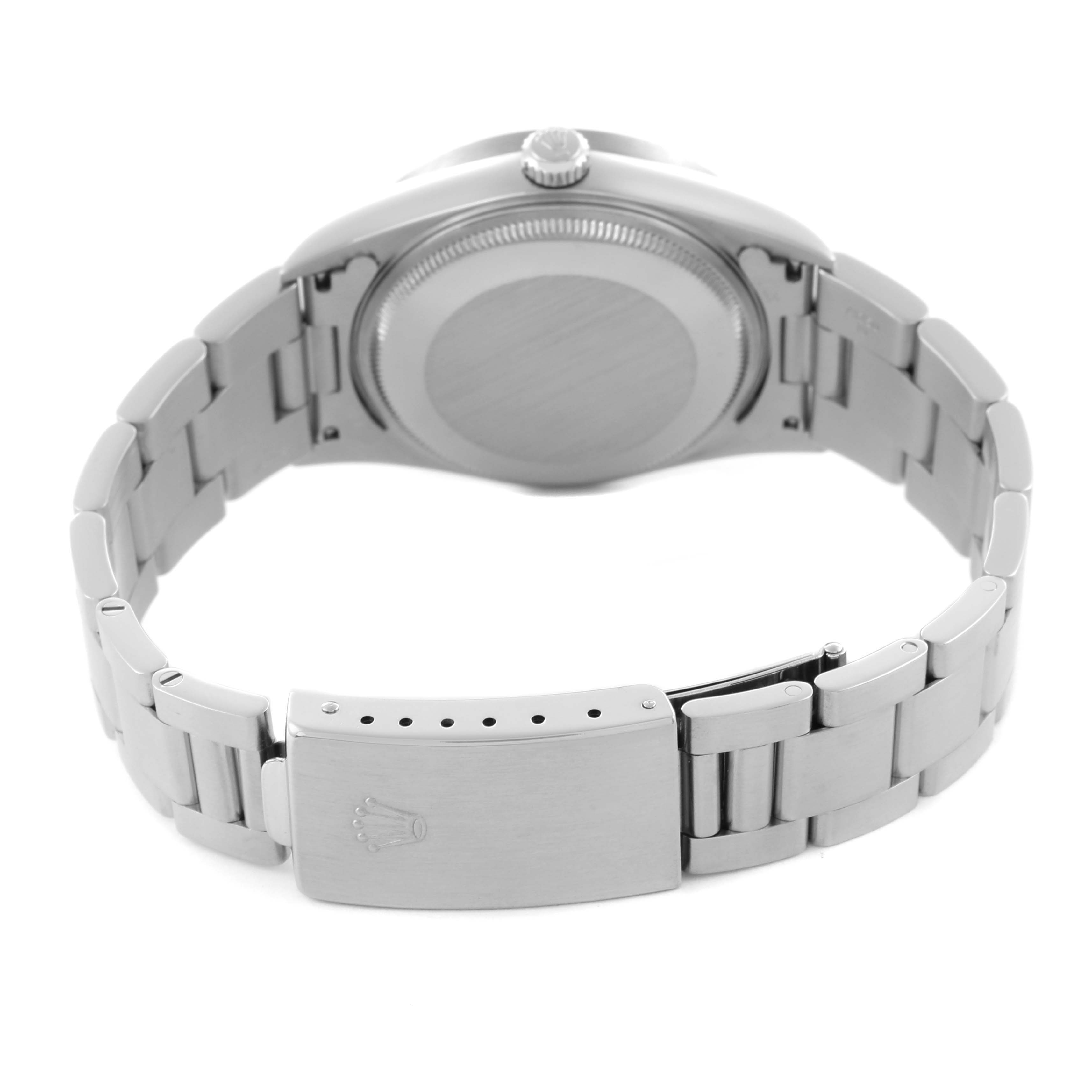 The image shows the back of a Rolex Air-King 14010M Men's Stainless Steel Black Dial 14010M Men's Stainless Steel Black Dial watch, highlighting the case and bracelet with the clasp open.