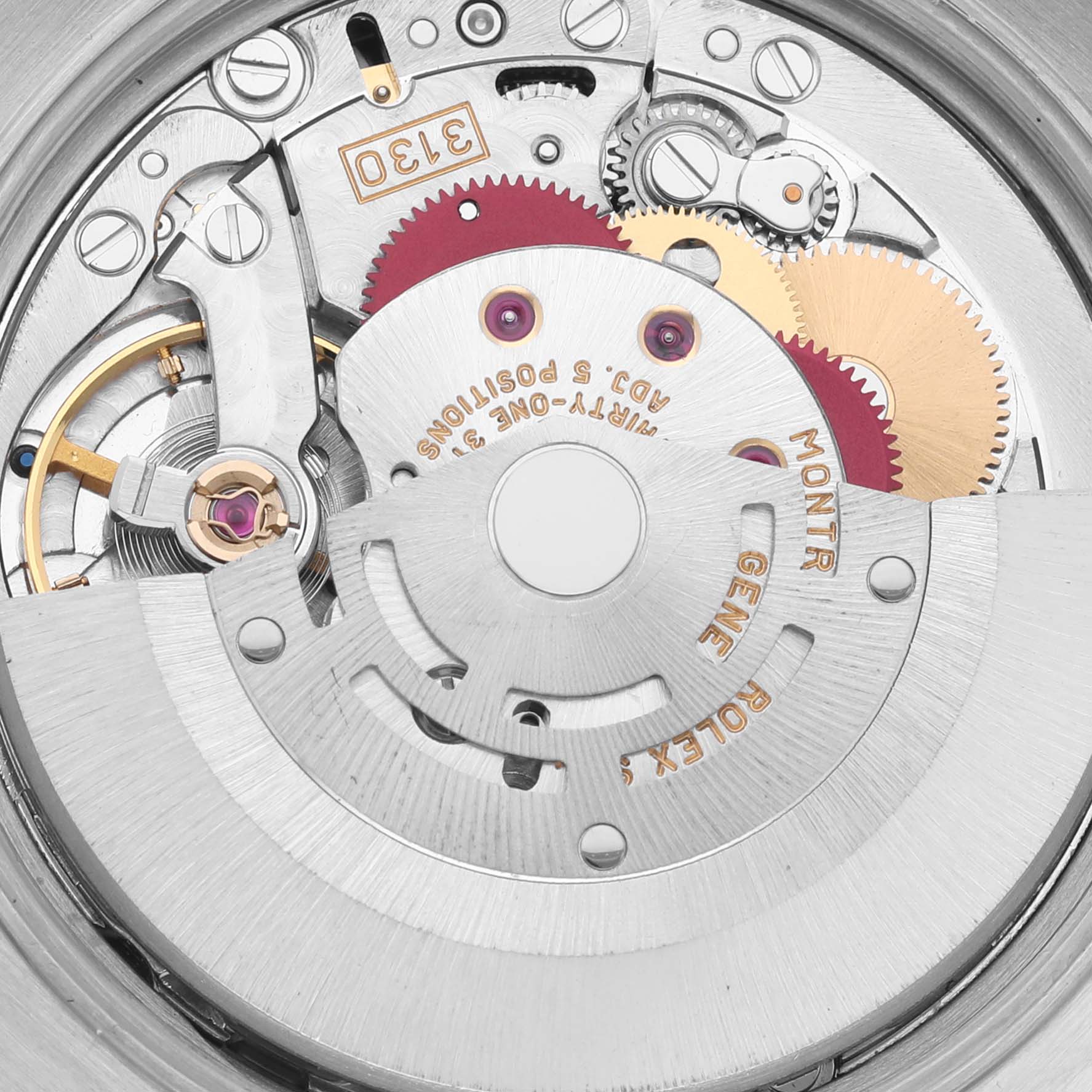 The image shows the Rolex Air-King 14010M Men's Stainless Steel Black Dial 14010M Men's Stainless Steel Black Dial's automatic movement parts, focusing on gears, rotor, and engraved text from a close-up angle.
