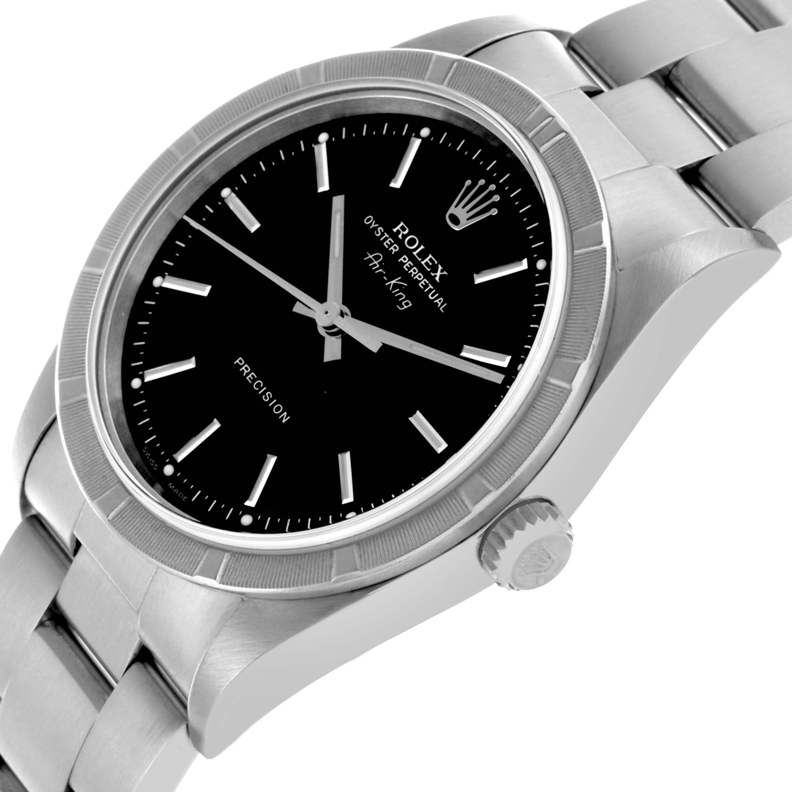 The Rolex Air-King 14010M Men's Stainless Steel Black Dial 14010M Men's Stainless Steel Black Dial watch is shown from a slightly angled side view, highlighting the face, bezel, bracelet, and crown.