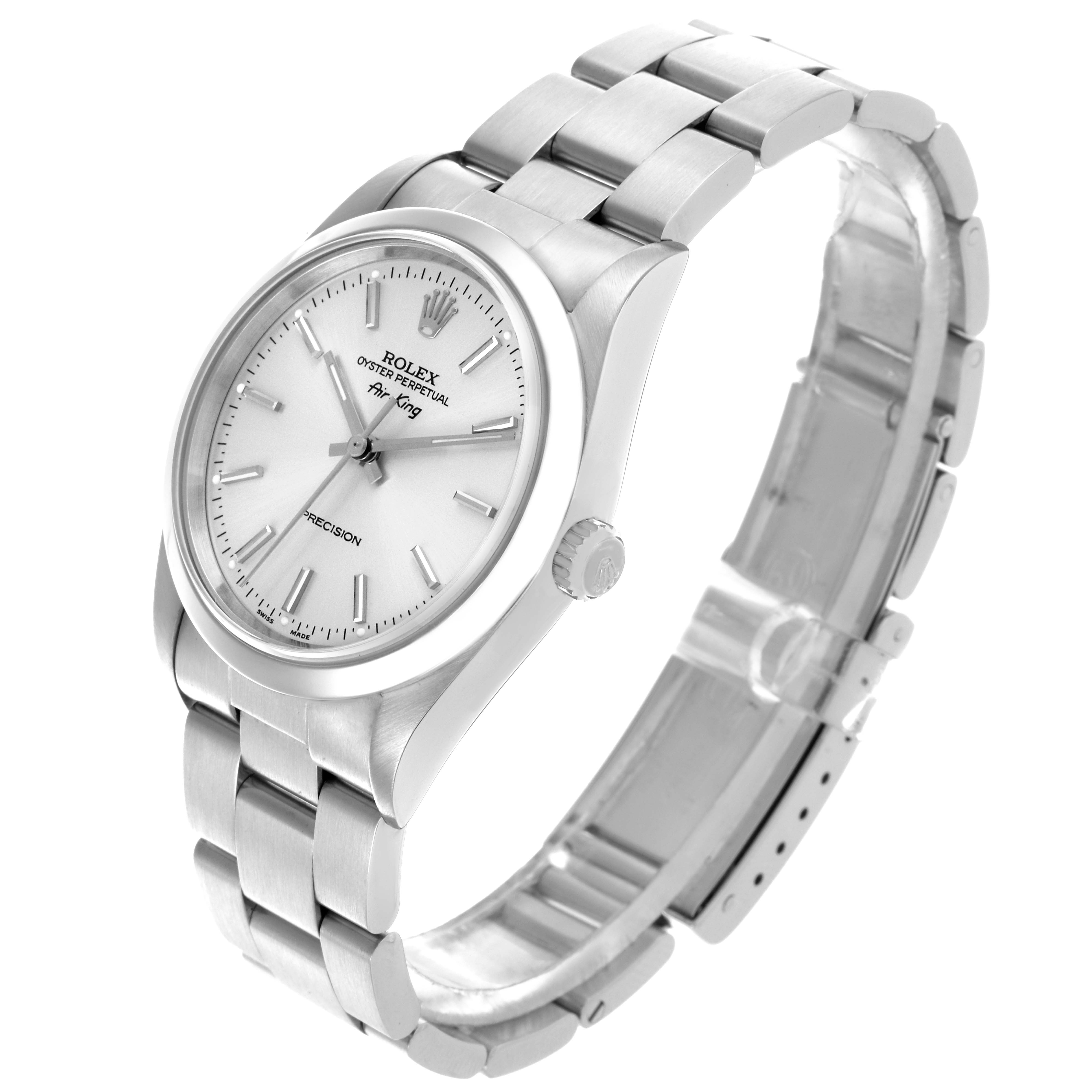 The Rolex Air-King 14000 Men's Stainless Steel Silver Dial 14000 Men's Stainless Steel Silver Dial watch is shown at a three-quarter angle, displaying the face, case, crown, and bracelet.
