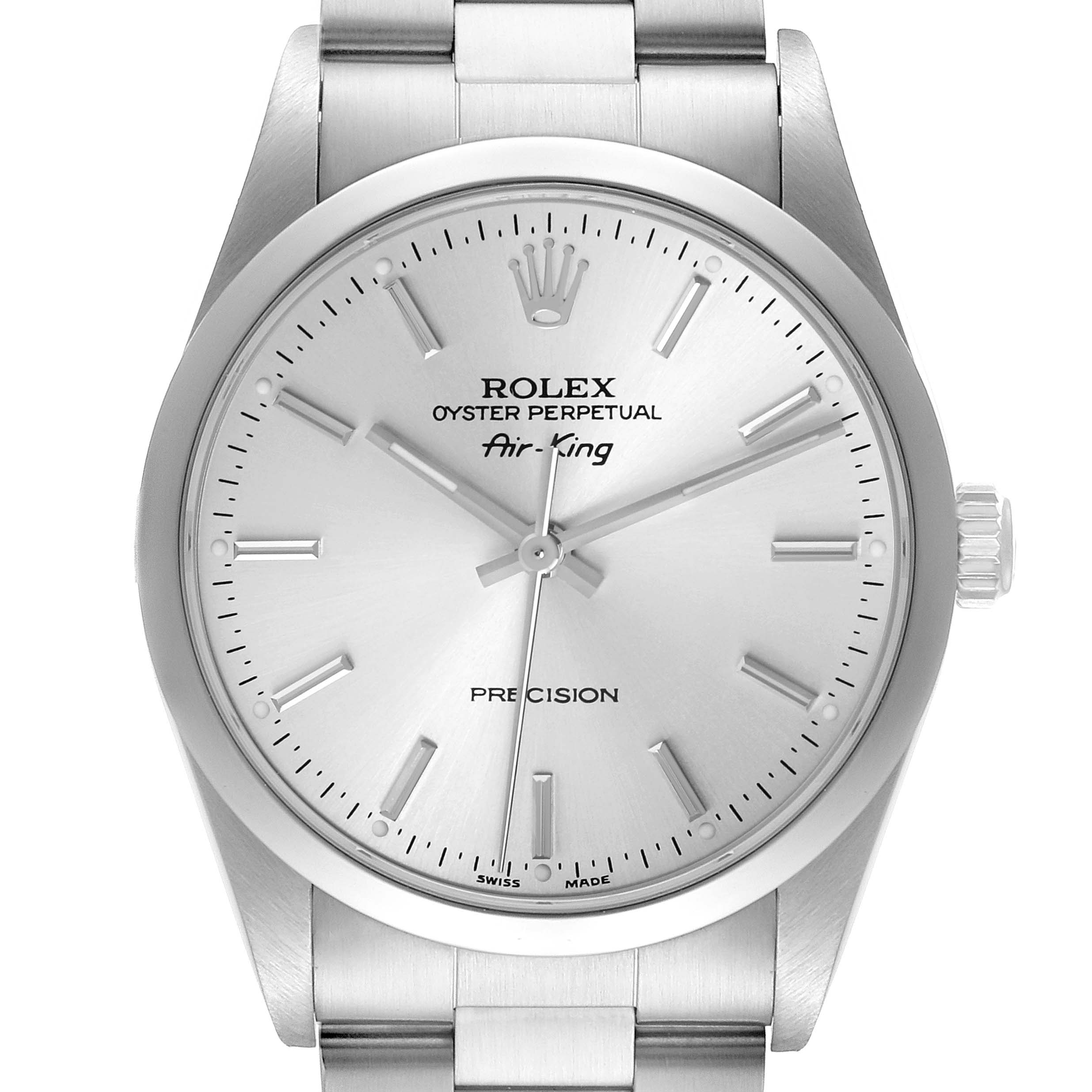 The Rolex Air-King 14000 Men's Stainless Steel Silver Dial 14000 Men's Stainless Steel Silver Dial watch is shown from a front angle, displaying the face, dial, hour markers, and part of the bracelet.