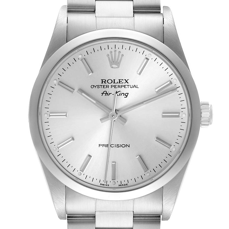 The Rolex Air-King watch is shown from a front angle, displaying the face, dial, hour markers, and part of the bracelet.