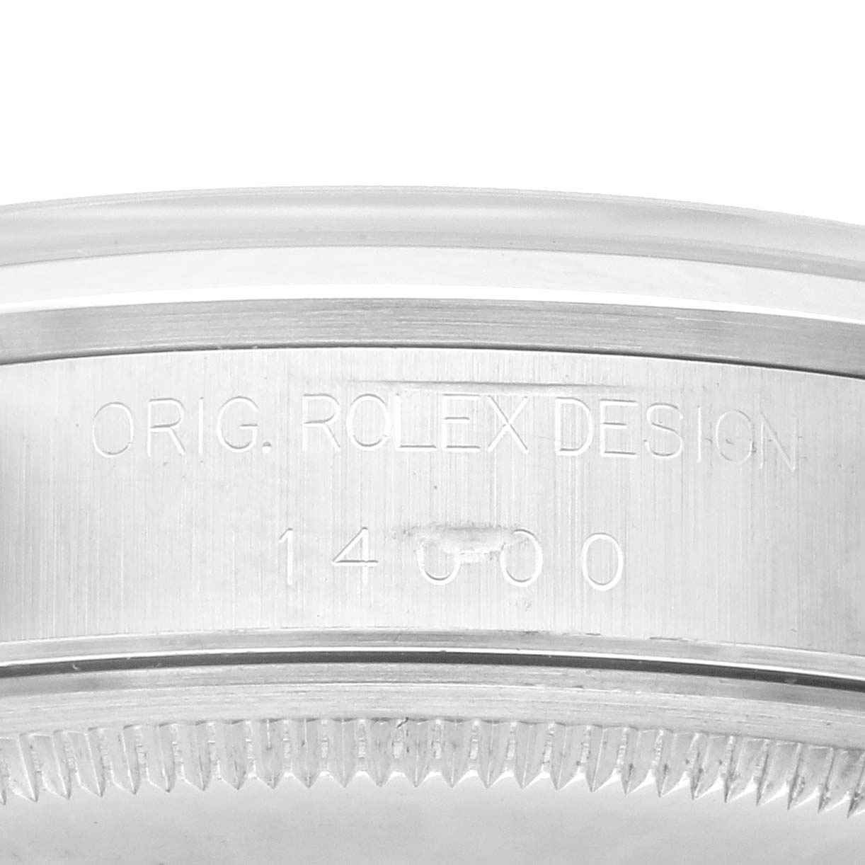 The image shows a close-up side view of the Rolex Air-King 14000 Men's Stainless Steel Silver Dial 14000 Men's Stainless Steel Silver Dial watch case, highlighting the engraved model number.