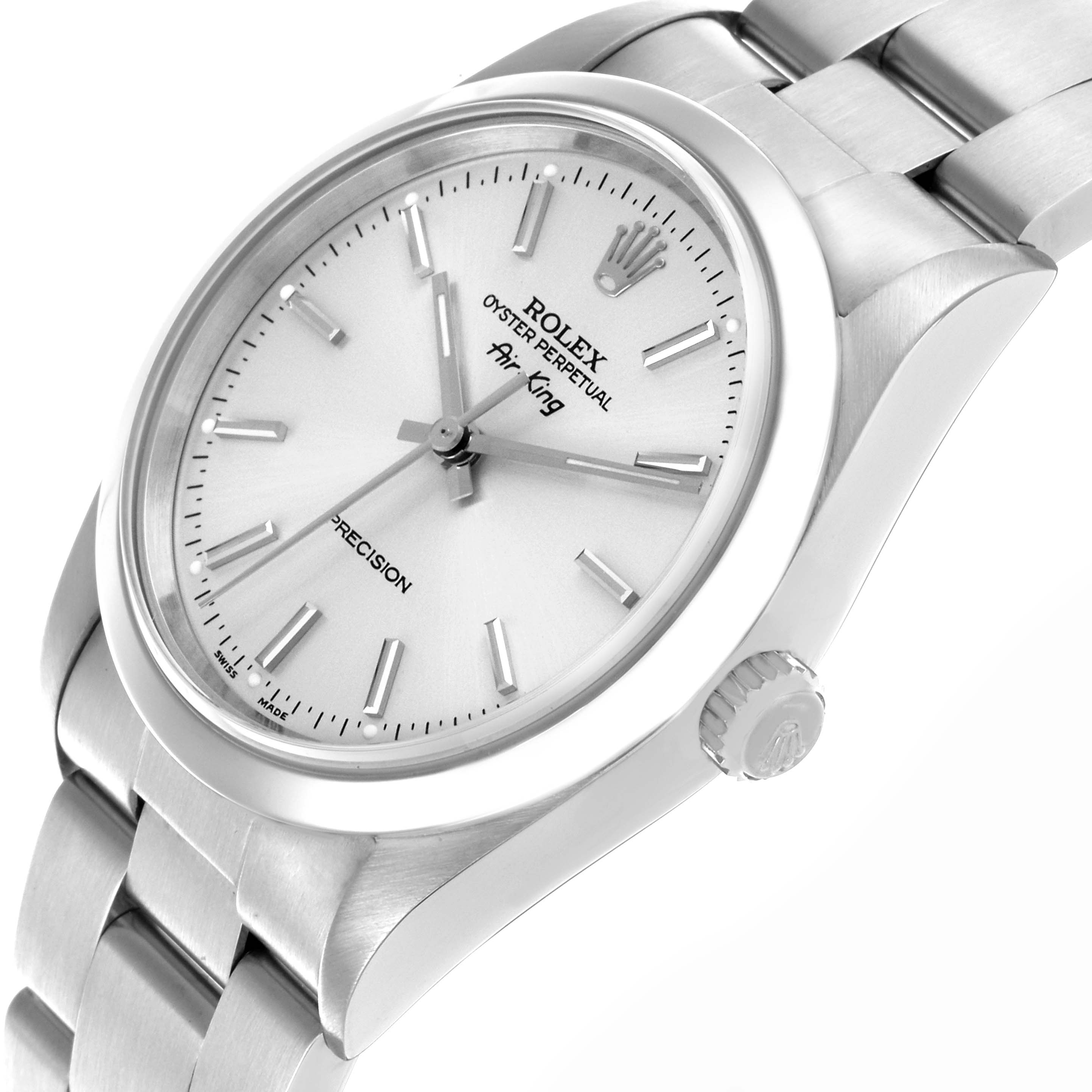 The Rolex Air-King 14000 Men's Stainless Steel Silver Dial 14000 Men's Stainless Steel Silver Dial watch is shown from a slightly angled side view, highlighting the dial, crown, and part of the bracelet.