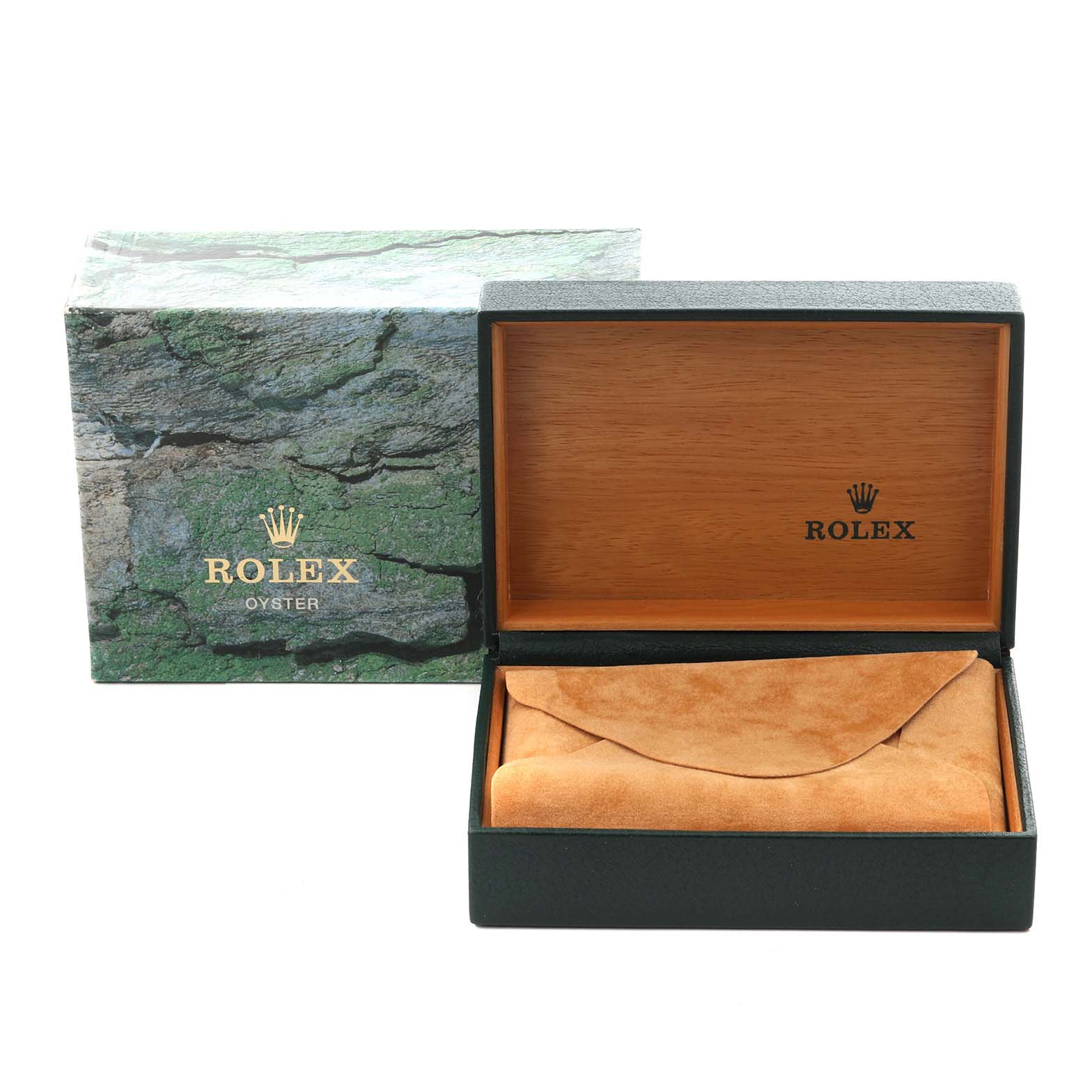 The image shows a Rolex Air-King 14000 Men's Stainless Steel Silver Dial 14000 Men's Stainless Steel Silver Dial watch box with a green outer sleeve, open to reveal the interior cushion and lining.