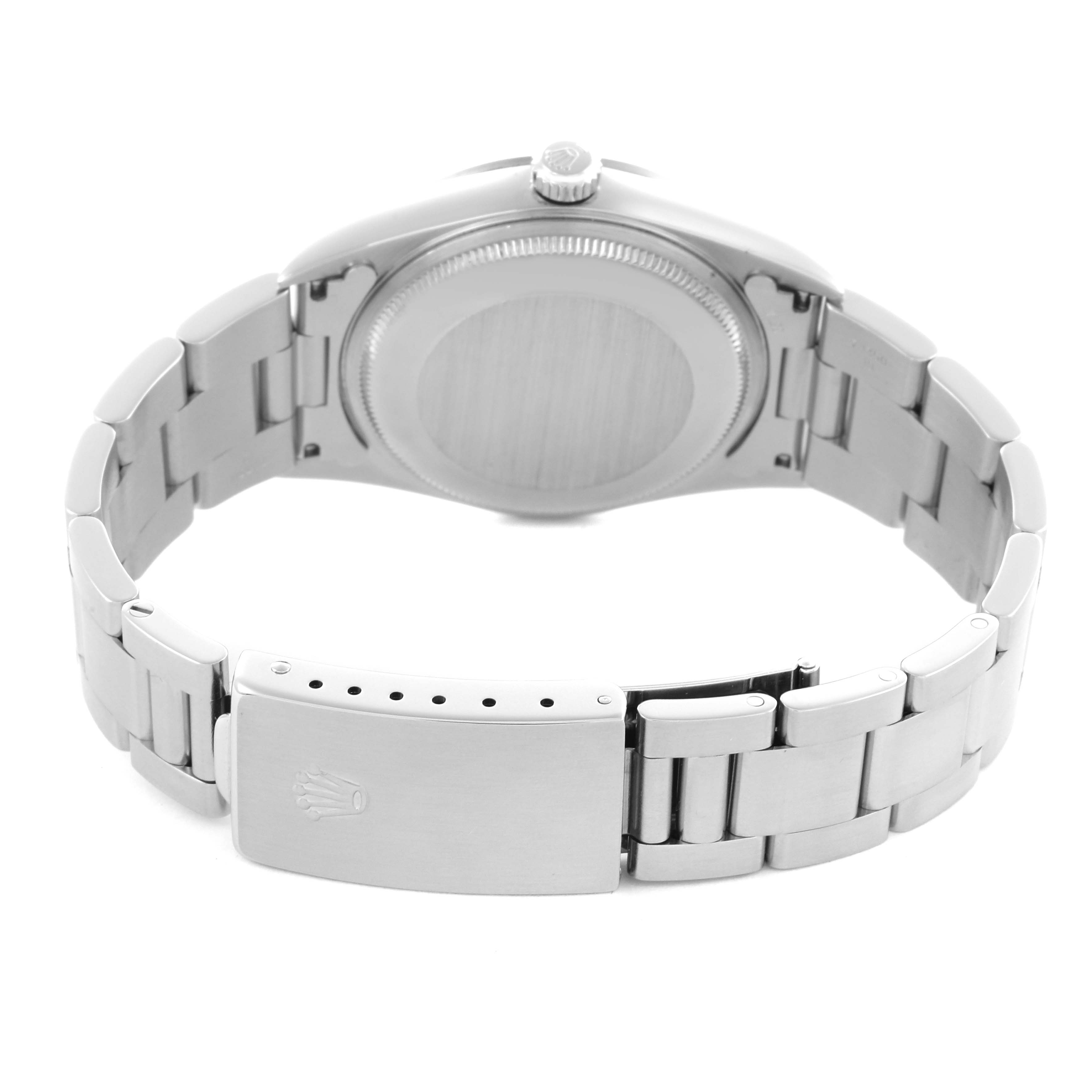 The image shows the back view of a Rolex Air-King 14000 Men's Stainless Steel Silver Dial 14000 Men's Stainless Steel Silver Dial watch, focusing on the case back and bracelet clasp.