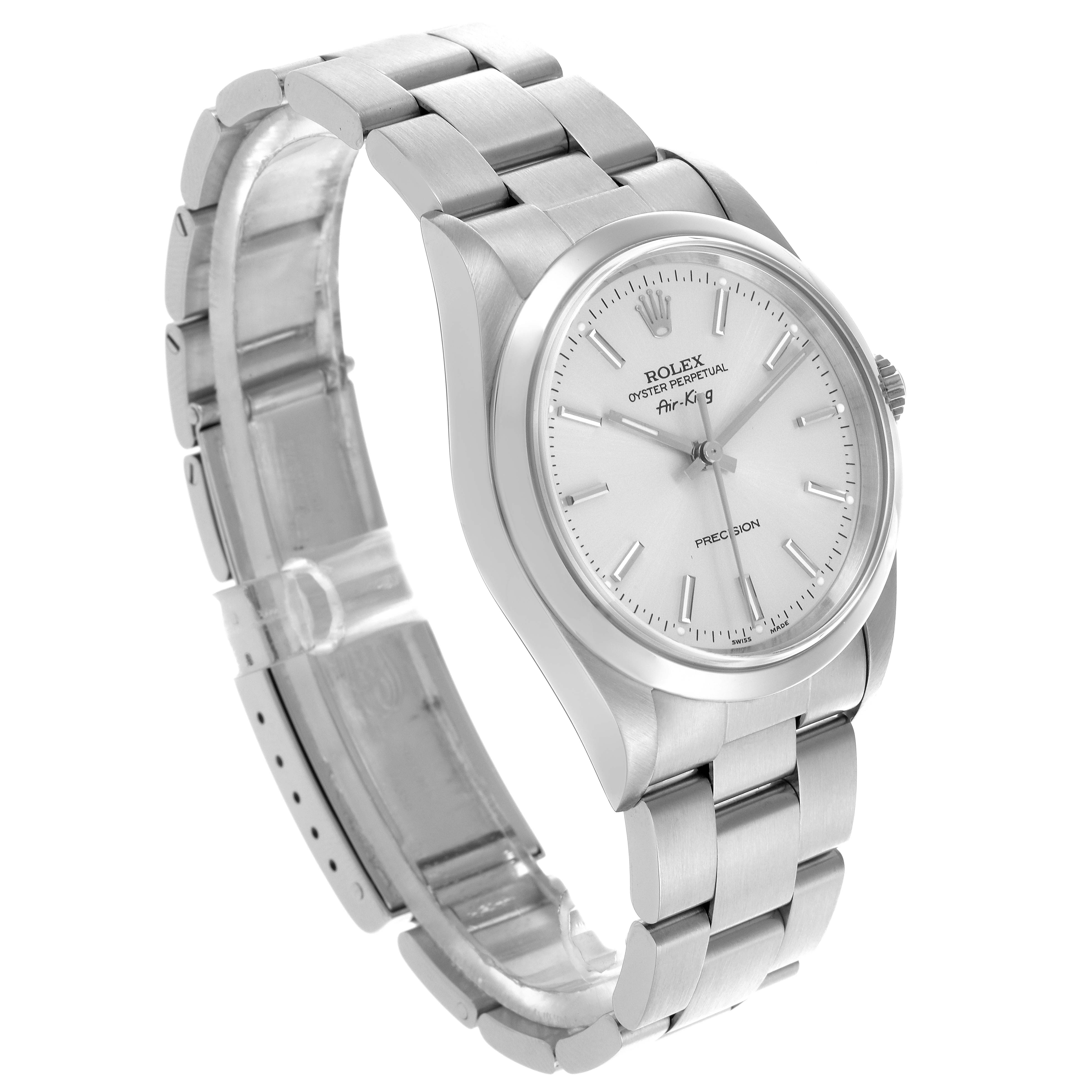 The Rolex Air-King 14000 Men's Stainless Steel Silver Dial 14000 Men's Stainless Steel Silver Dial watch is shown at a three-quarter angle, displaying the dial, bezel, and bracelet.