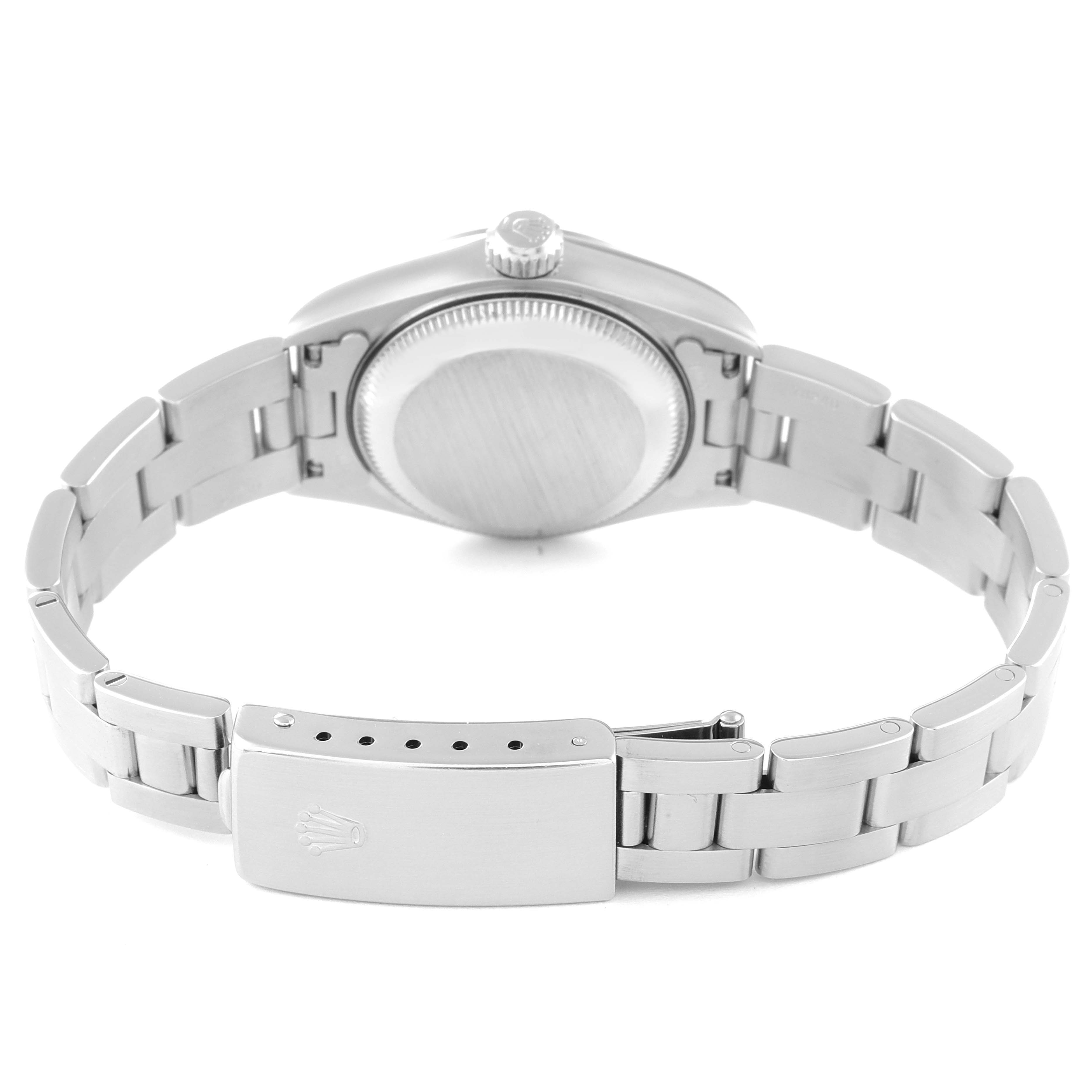 This image shows the back and bracelet of the Rolex Date 79160 Women's Stainless Steel White Dial 79160 Women's Stainless Steel White Dial watch, including its clasp and caseback.