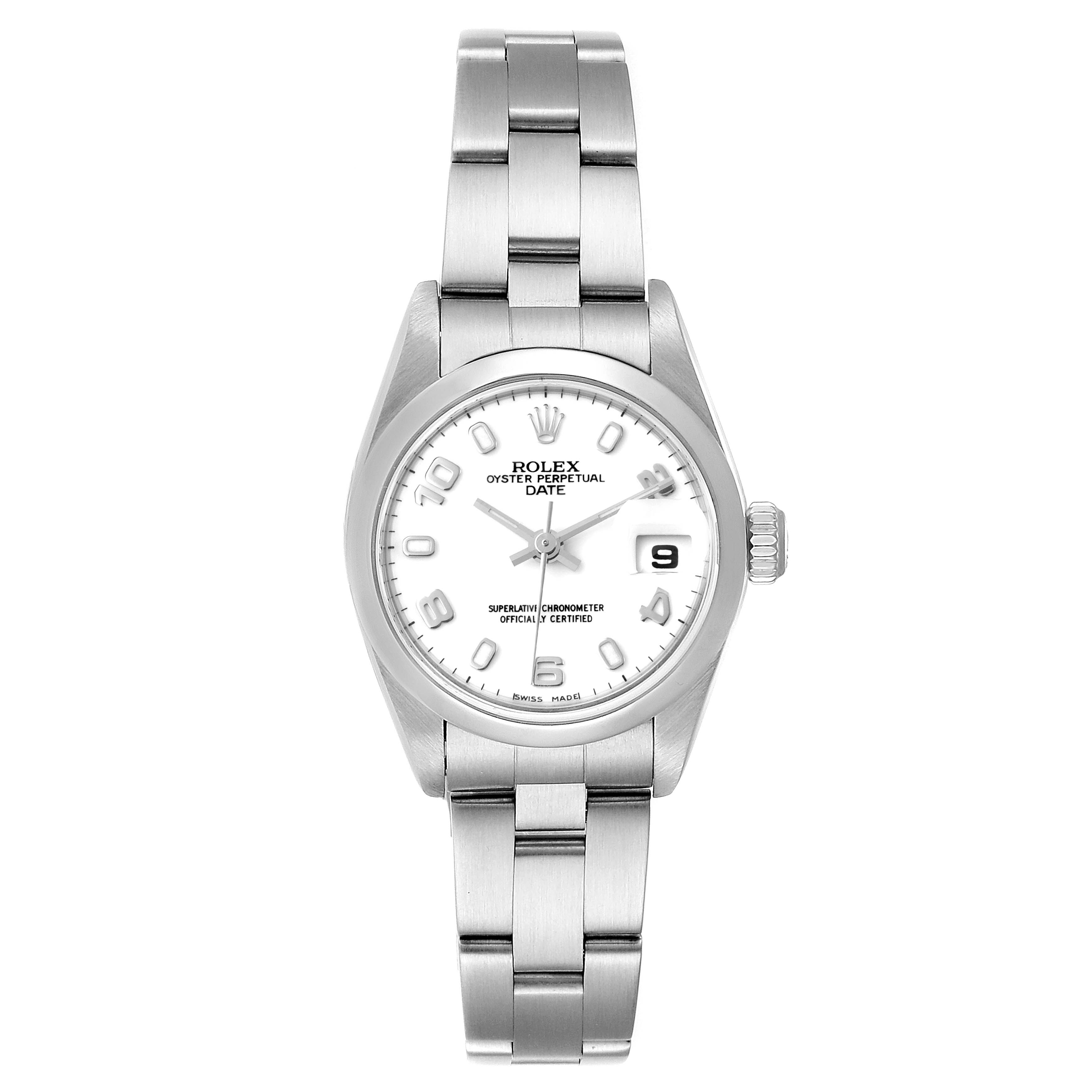 The image shows a Rolex Date 79160 Women's Stainless Steel White Dial 79160 Women's Stainless Steel White Dial model watch from a front angle, displaying its face, bracelet, and crown.