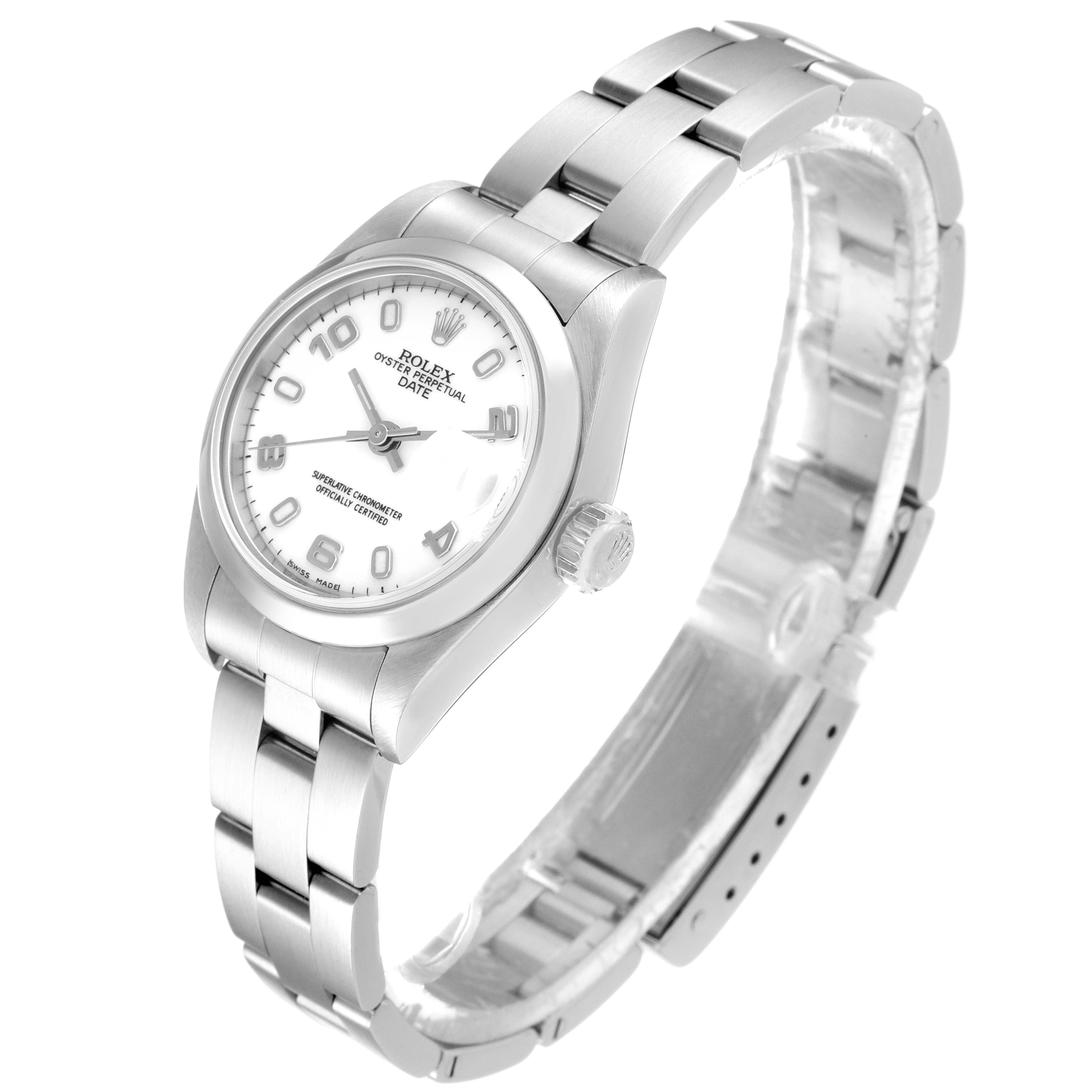 The Rolex Date 79160 Women's Stainless Steel White Dial 79160 Women's Stainless Steel White Dial model watch is shown at an angle emphasizing the face, crown, and partially open stainless steel bracelet.