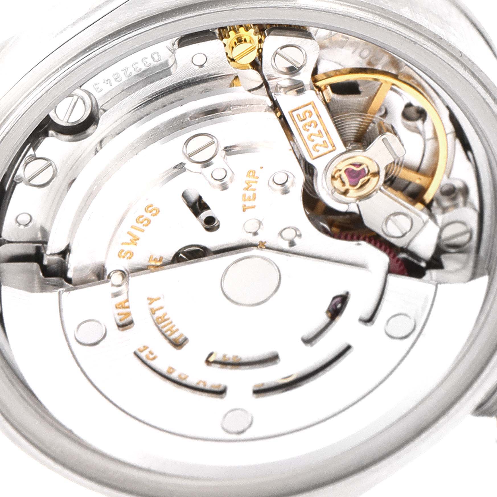 The image shows the internal movement mechanism of a Rolex Date 79160 Women's Stainless Steel White Dial 79160 Women's Stainless Steel White Dial model watch, viewed from the back.
