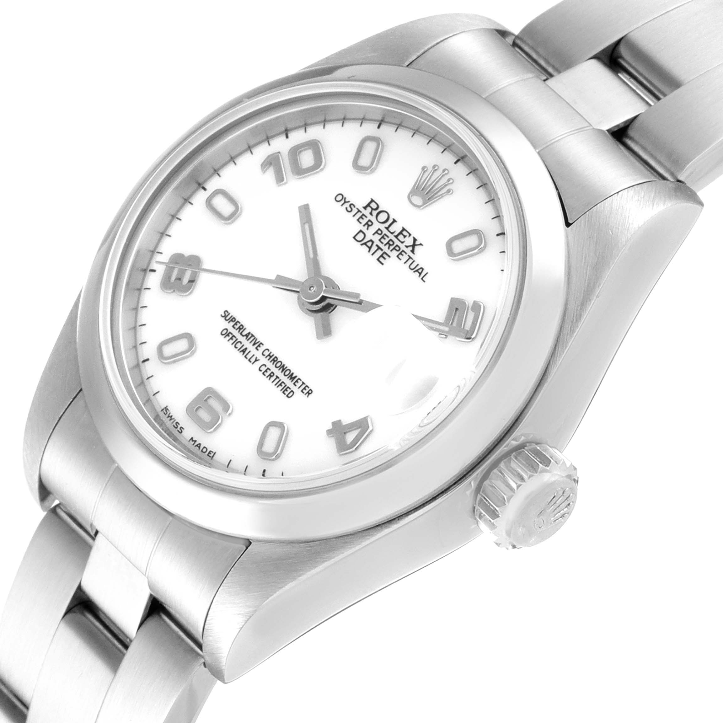 This image shows a close-up angle of the Rolex Date 79160 Women's Stainless Steel White Dial 79160 Women's Stainless Steel White Dial model watch, focusing on its face, bezel, crown, and part of the bracelet.