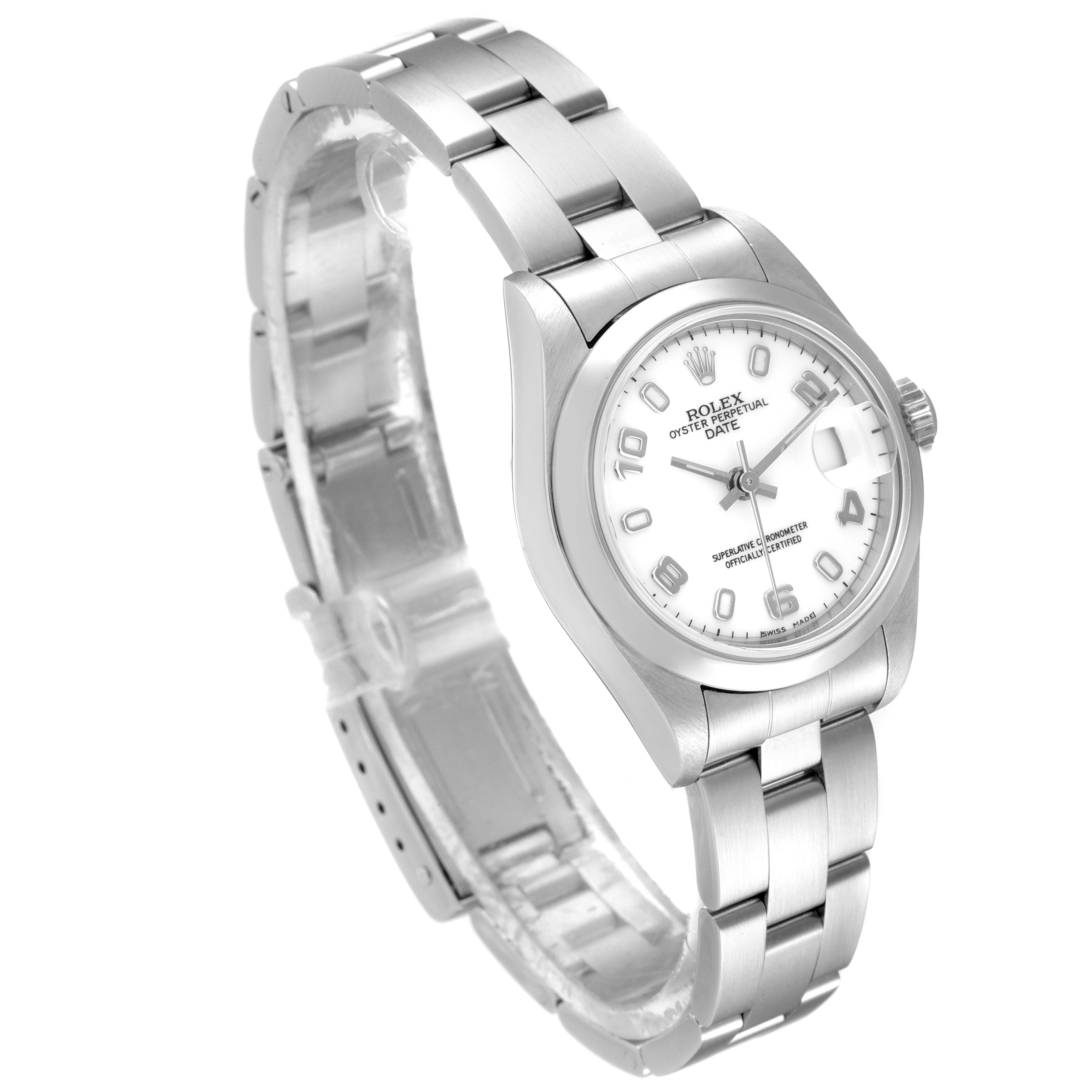 The image shows a Rolex Date 79160 Women's Stainless Steel White Dial 79160 Women's Stainless Steel White Dial model watch at a slight angle, displaying the bracelet, dial, bezel, and part of the crown.