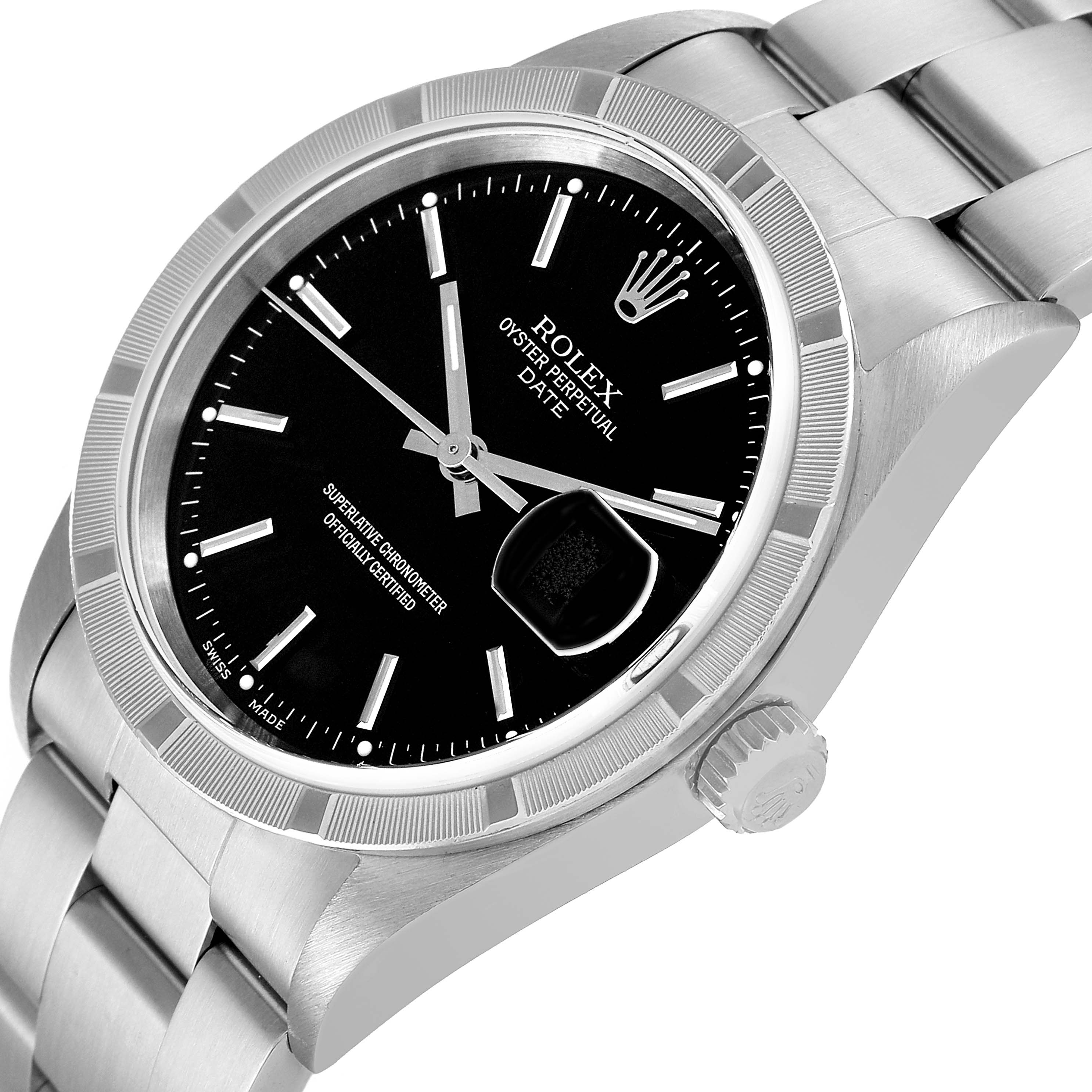 This image shows a angled close-up view of the Rolex Date 15210 Men
s Stainless Steel Black Dial 15210 Men
s Stainless Steel Black Dial model watch, highlighting the dial, bezel, and bracelet.