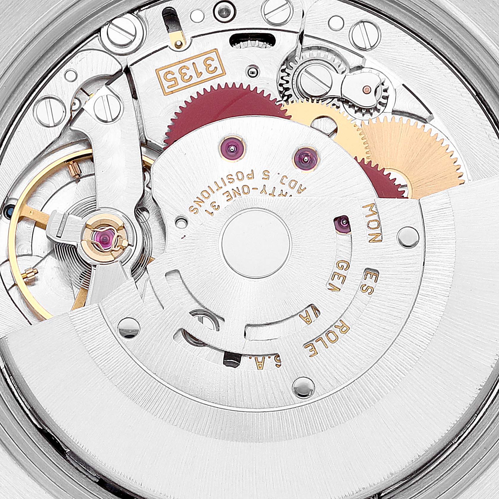 The image shows a close-up of the movement mechanism inside a Rolex Date 15210 Men
s Stainless Steel Black Dial 15210 Men
s Stainless Steel Black Dial model watch.
