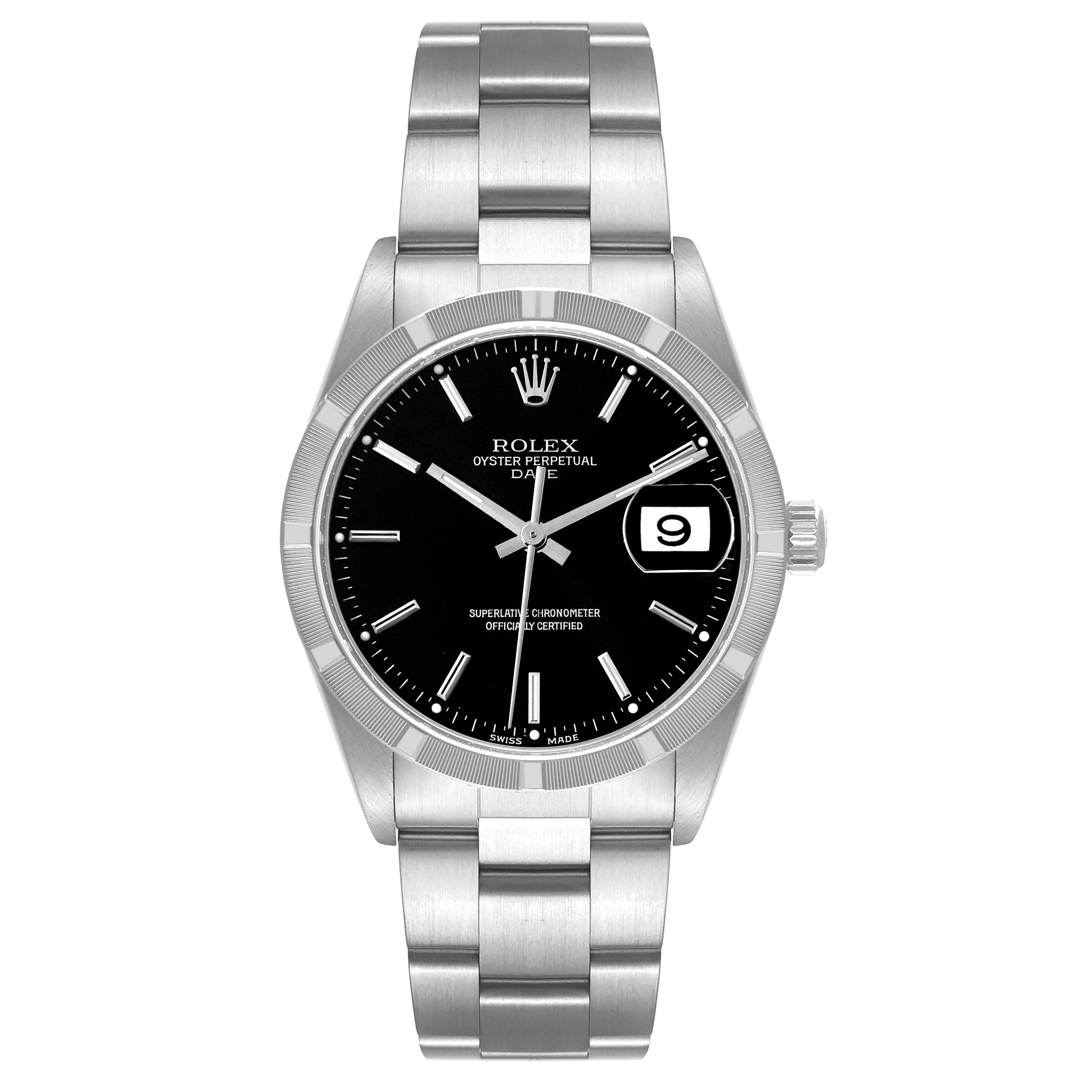 The image shows a front view of a Date model Rolex watch, highlighting the dial, bezel, bracelet, and date window.