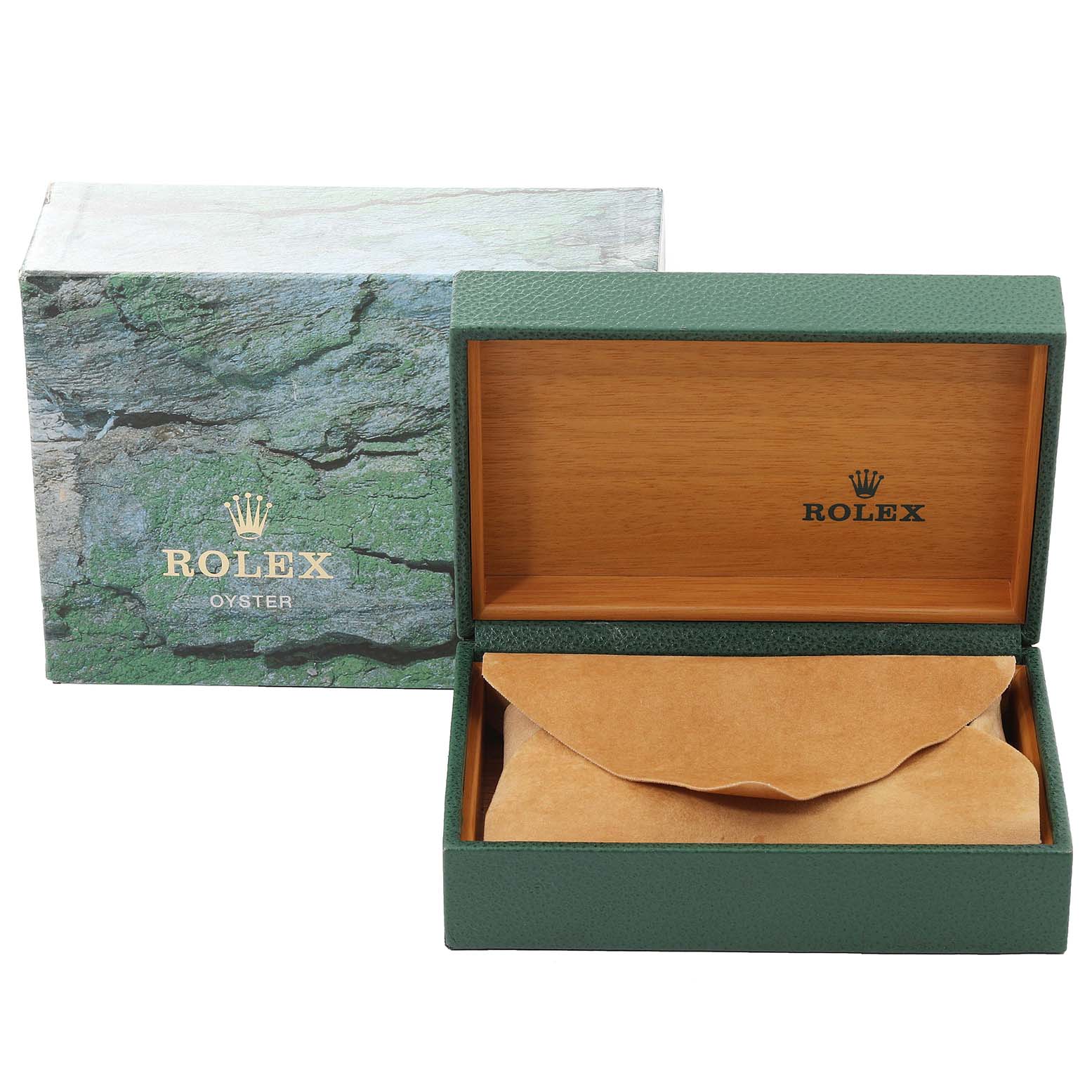 The image shows a Rolex watch box and packaging for the Date model, with the box open to display a cushion inside.
