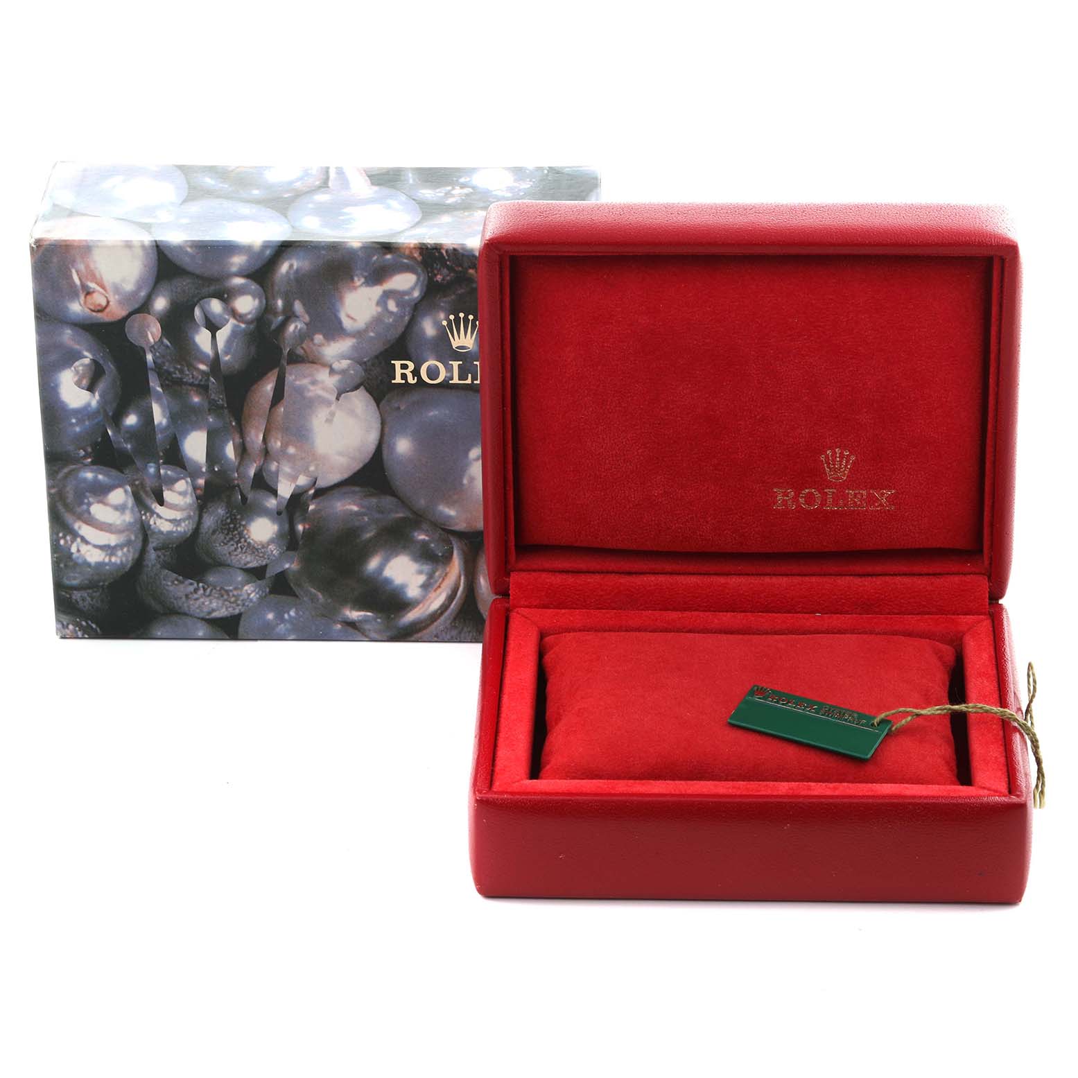 The image shows a Rolex Date 79160 Women's Stainless Steel Black Dial 79160 Women's Stainless Steel Black Dial model box and cushion at a slight overhead angle, with no watch present.