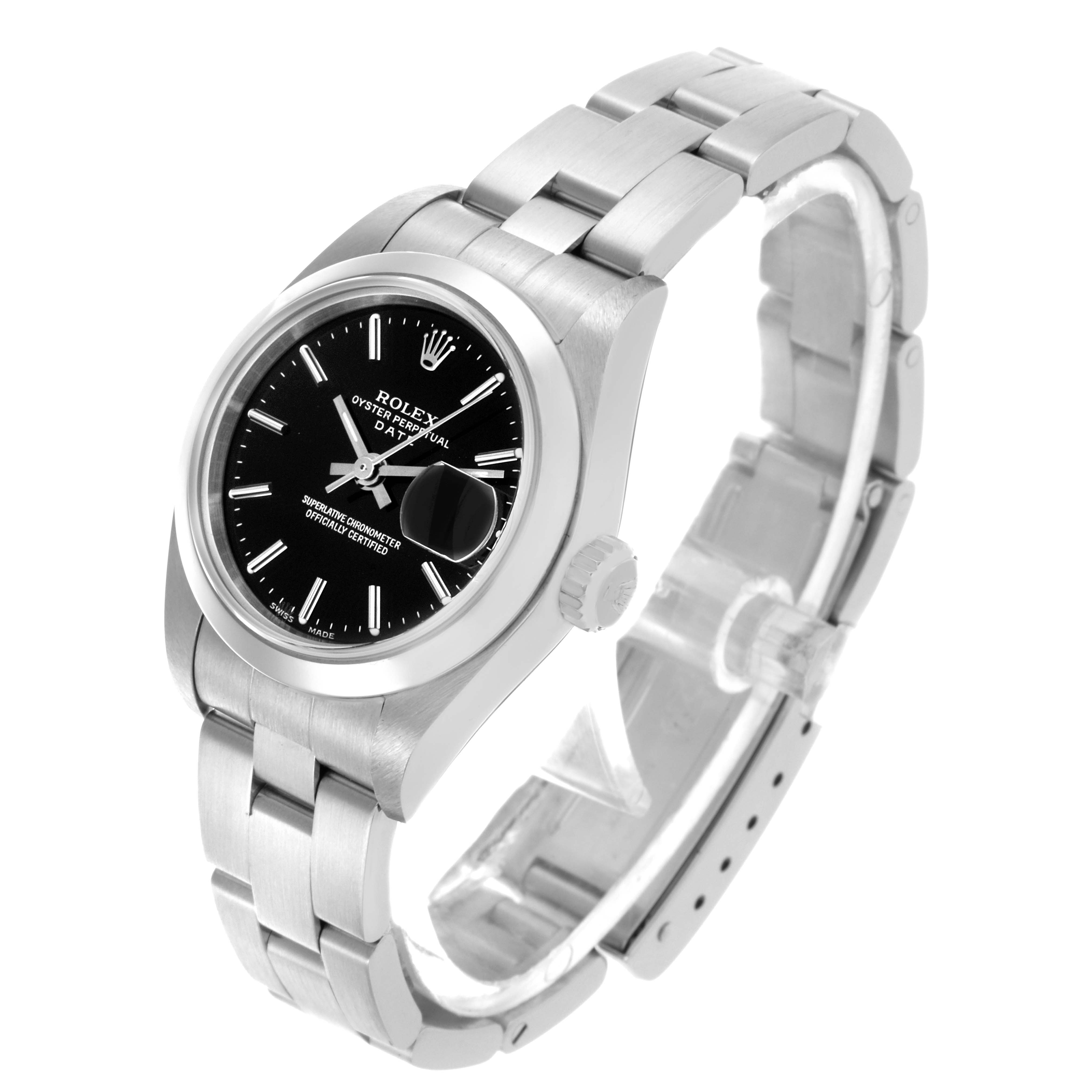 The Rolex Date 79160 Women's Stainless Steel Black Dial 79160 Women's Stainless Steel Black Dial watch is shown at a three-quarter angle, displaying the face, bezel, crown, and bracelet.