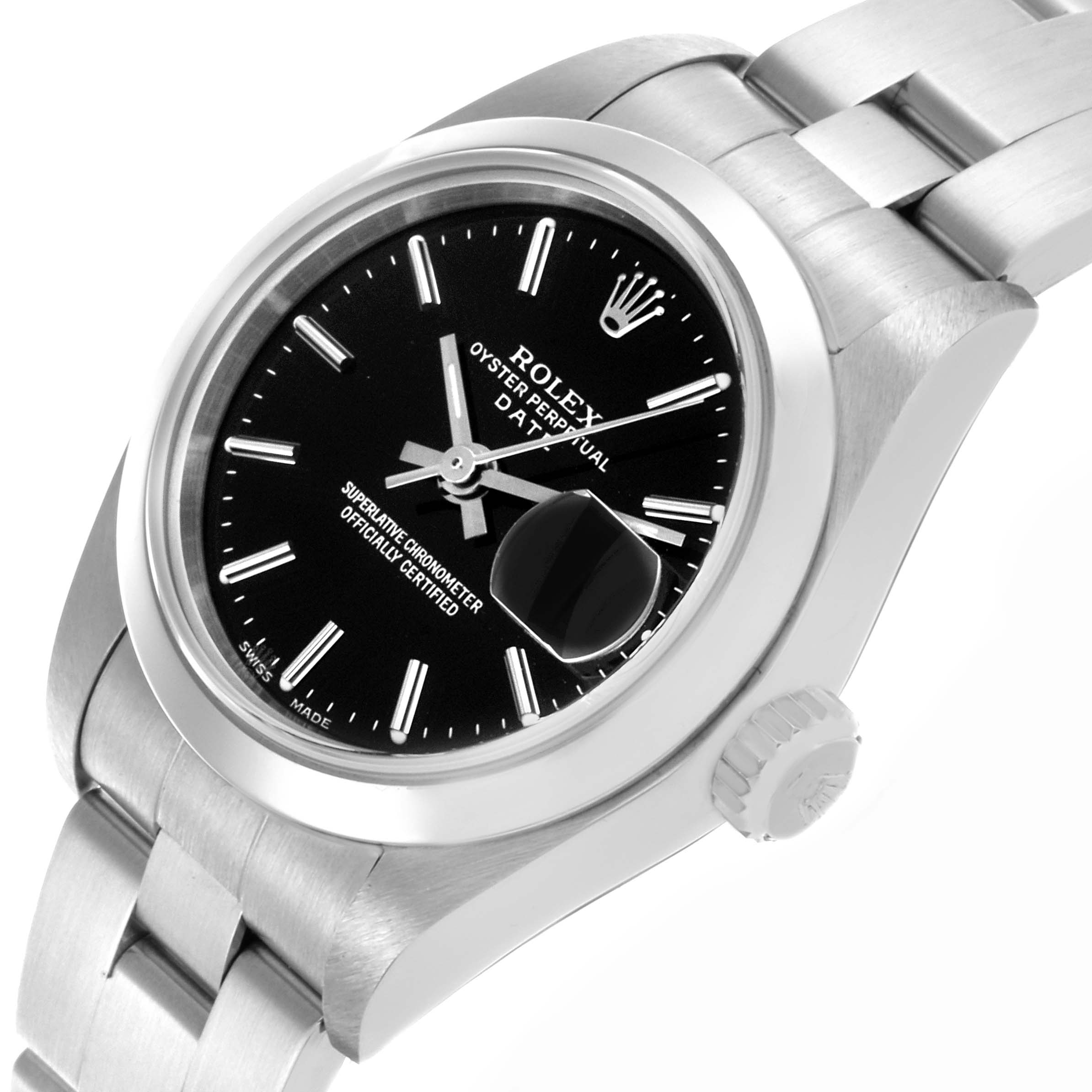 The Rolex Date 79160 Women's Stainless Steel Black Dial 79160 Women's Stainless Steel Black Dial watch is shown at an angled view, highlighting the dial, crown, and part of the bracelet.