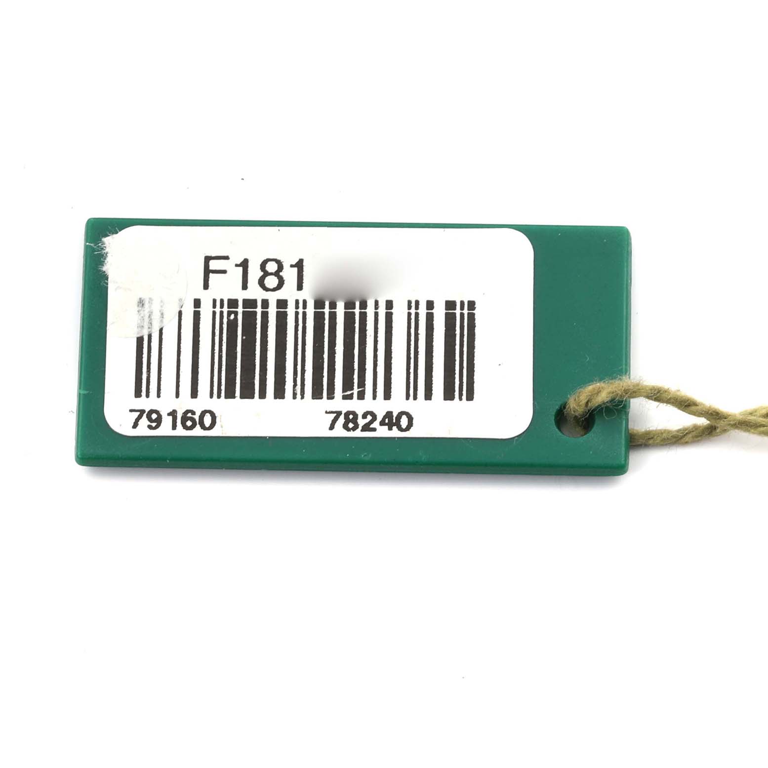 The image shows a green Rolex Date 79160 Women's Stainless Steel Black Dial 79160 Women's Stainless Steel Black Dial model tag with a barcode and string, viewed from the front.