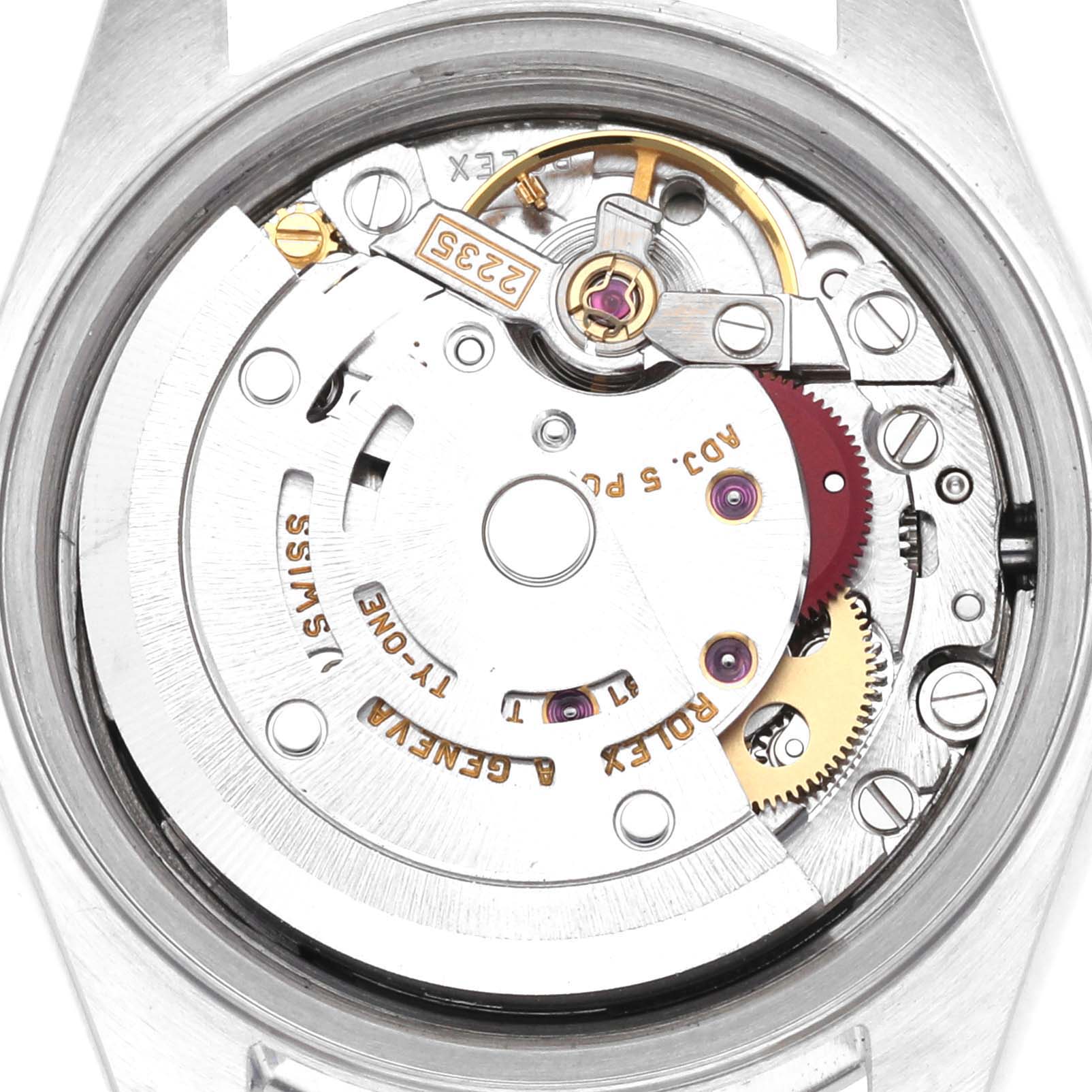 The image shows the movement mechanism of a Rolex Date 79160 Women's Stainless Steel Black Dial 79160 Women's Stainless Steel Black Dial model watch, viewed from the back.