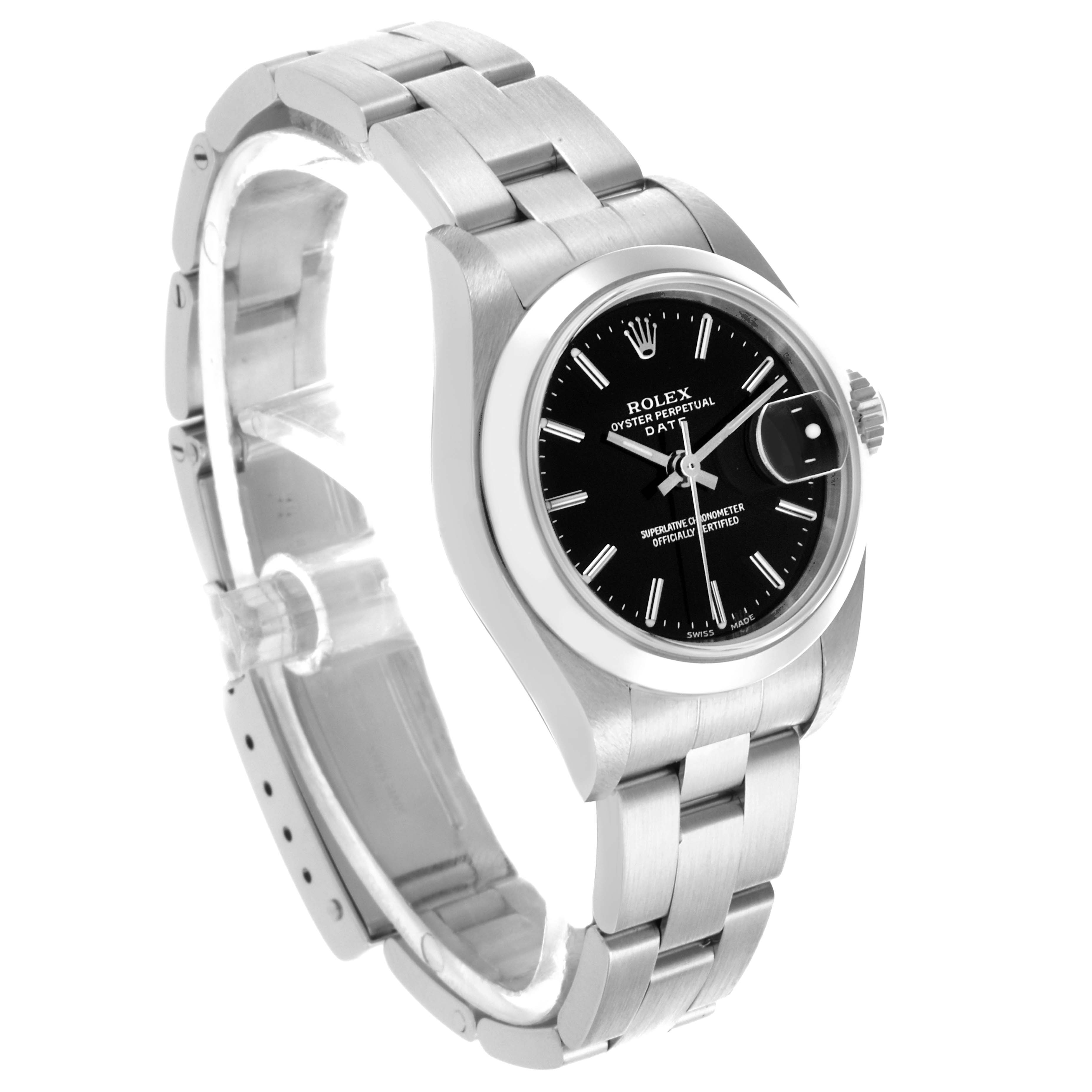 The Rolex Date 79160 Women's Stainless Steel Black Dial 79160 Women's Stainless Steel Black Dial watch is shown at a three-quarter angle, displaying the face, bezel, and part of the bracelet.