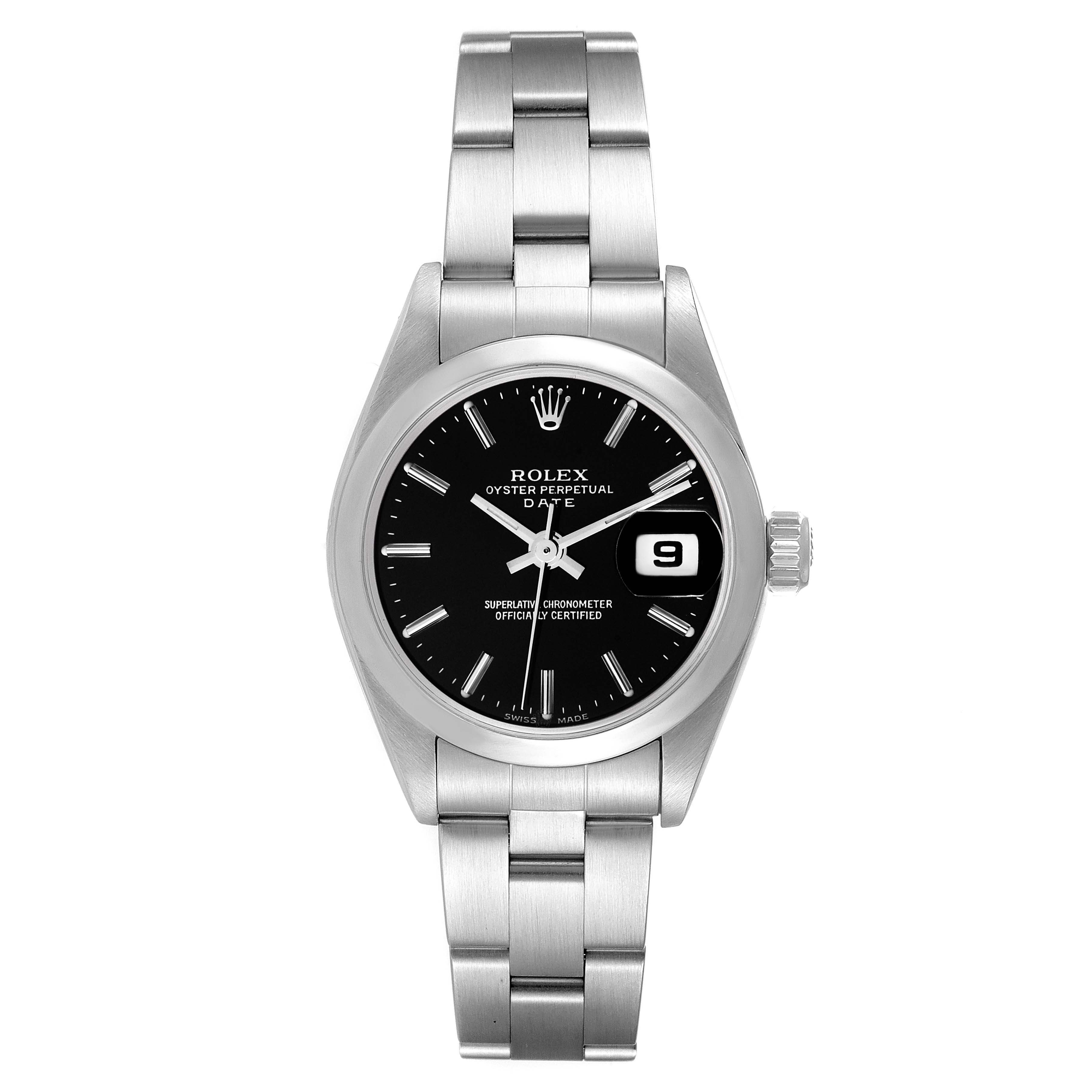 The Rolex Date 79160 Women's Stainless Steel Black Dial 79160 Women's Stainless Steel Black Dial model watch is shown from a front view, highlighting the black dial, date window, and stainless steel bracelet.