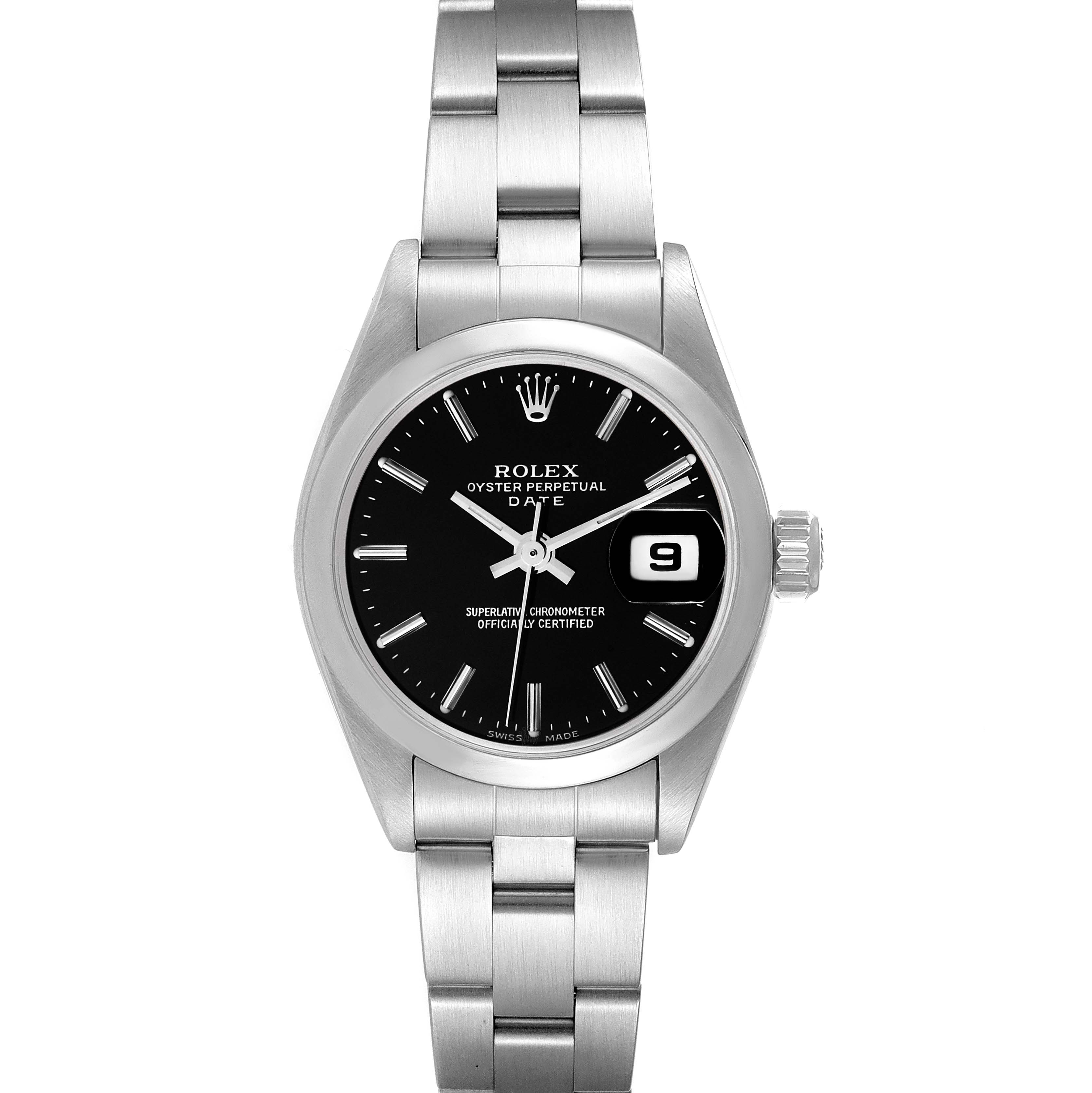 The Rolex Date 79160 Women's Stainless Steel Black Dial 79160 Women's Stainless Steel Black Dial watch is shown from a front angle, displaying the dial, case, crown, and part of the bracelet.