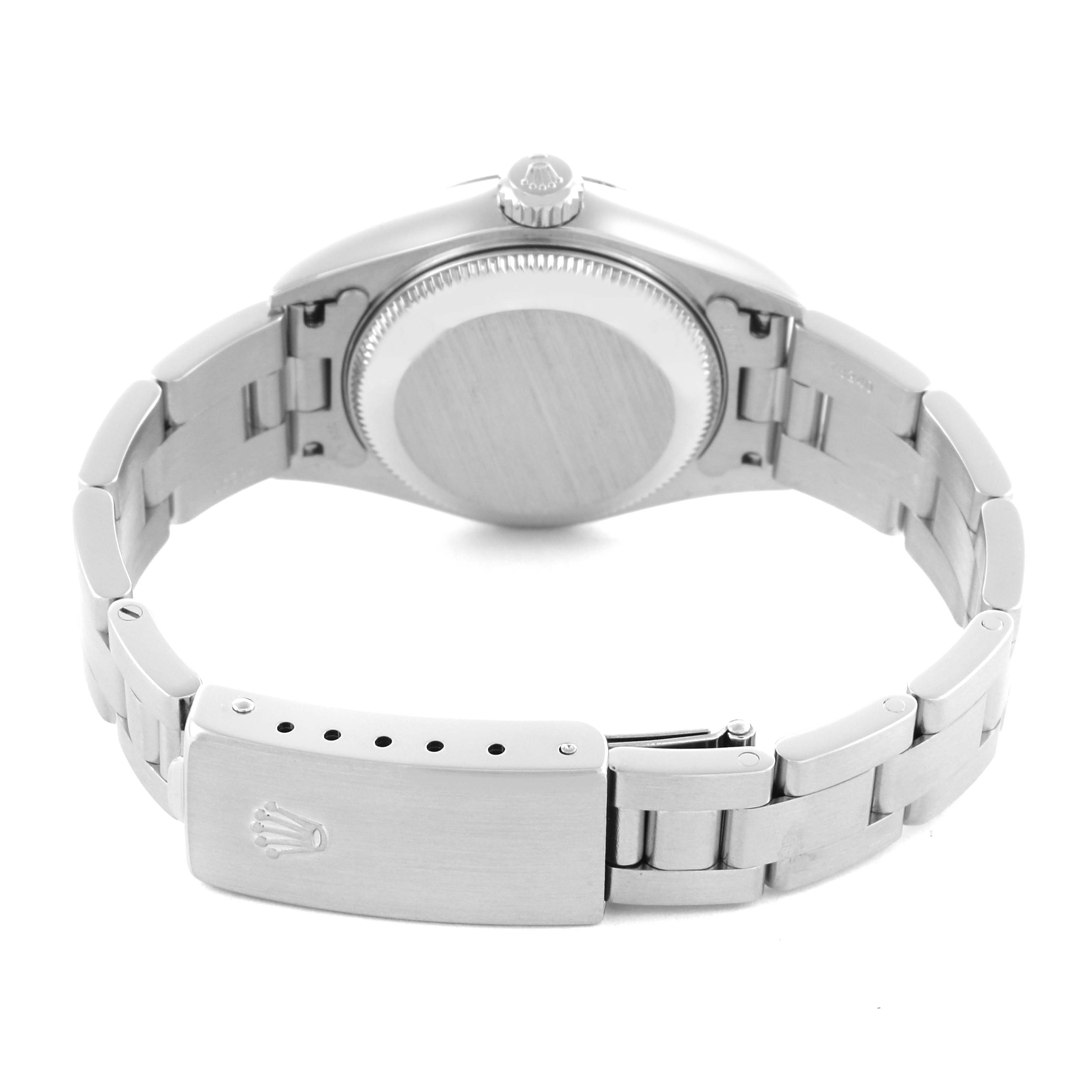 The image shows the back and clasp of a Rolex Date 79160 Women's Stainless Steel Black Dial 79160 Women's Stainless Steel Black Dial model, displaying the closed bracelet and case back.