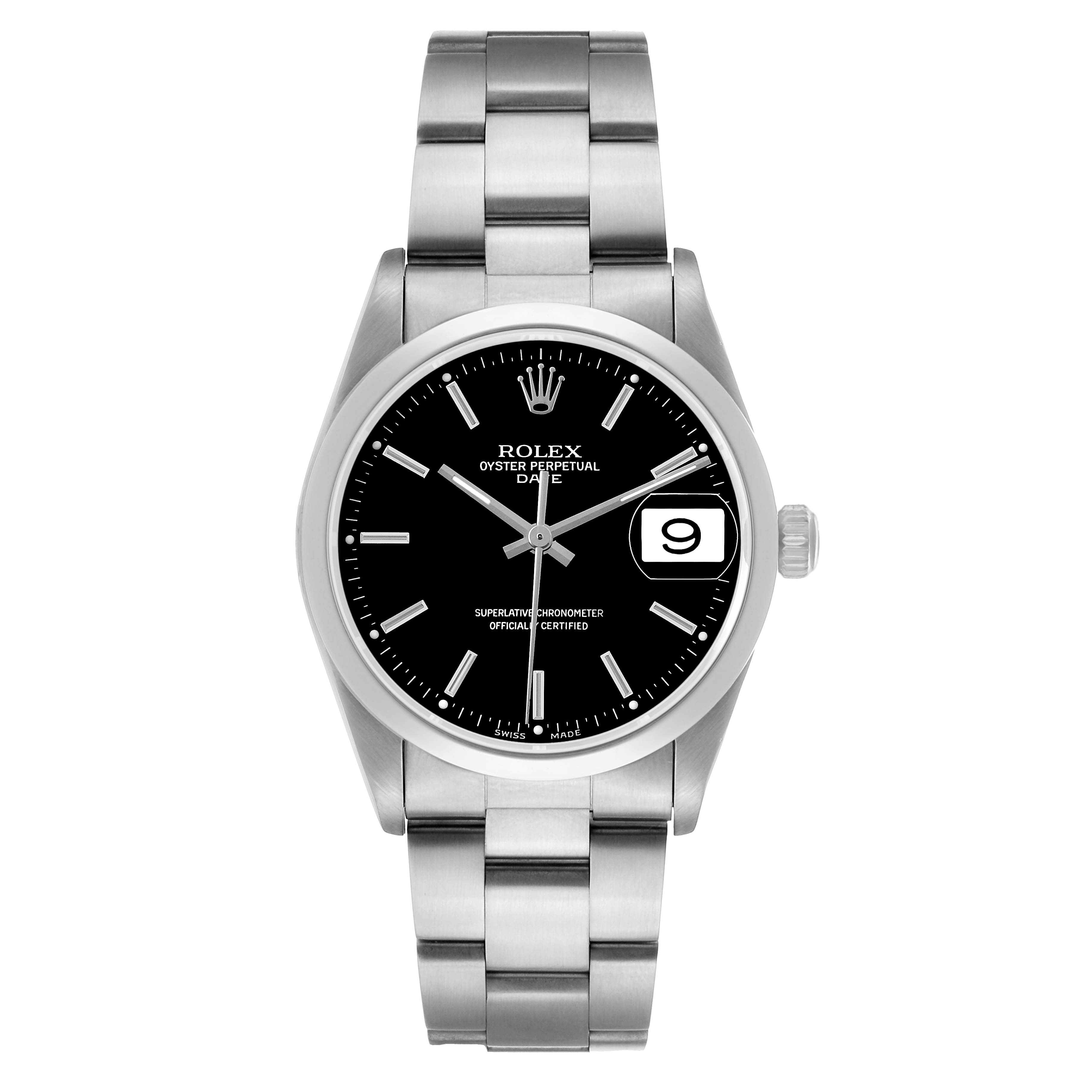 The Rolex Date 15200 Men's Stainless Steel Black Dial watch is shown from a top-down angle, highlighting the face, bezel, bracelet, and crown.